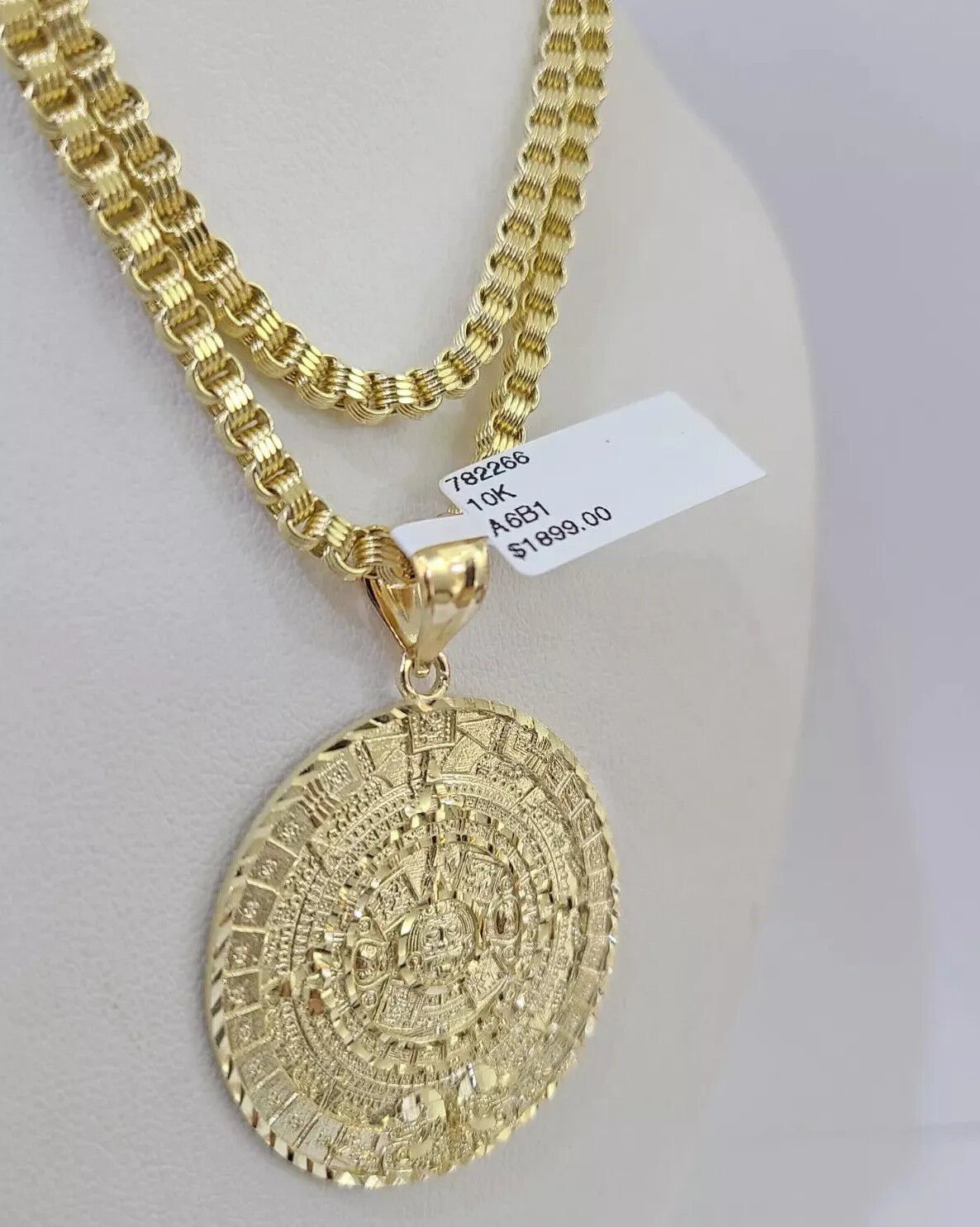 10k Gold Byzantine Necklace Mayan Calendar charm Pendant REAL 10kt Men's SET - GoldenlinQ
