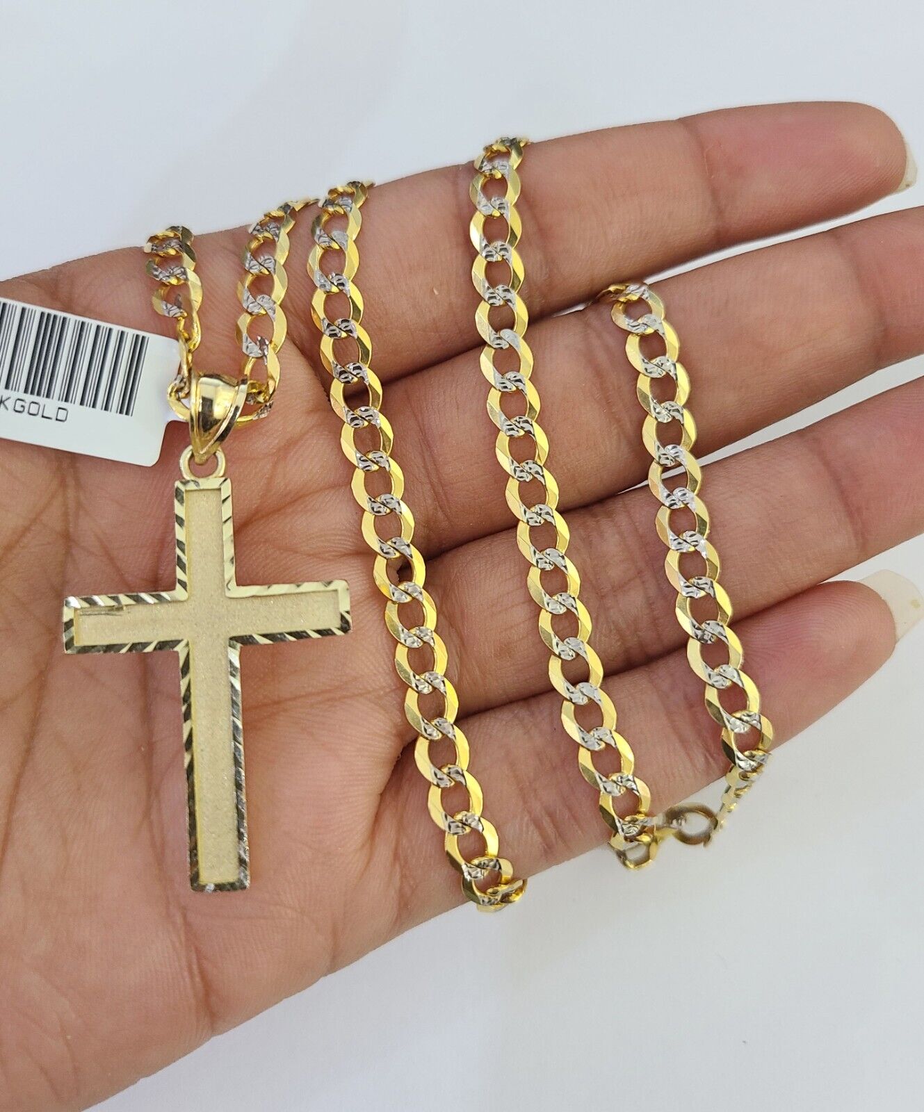 10k Gold Chain Cross Charm Solid Cuban Curb Link 5mm 18" - 28" Inch DiamondCut SET - GoldenlinQ