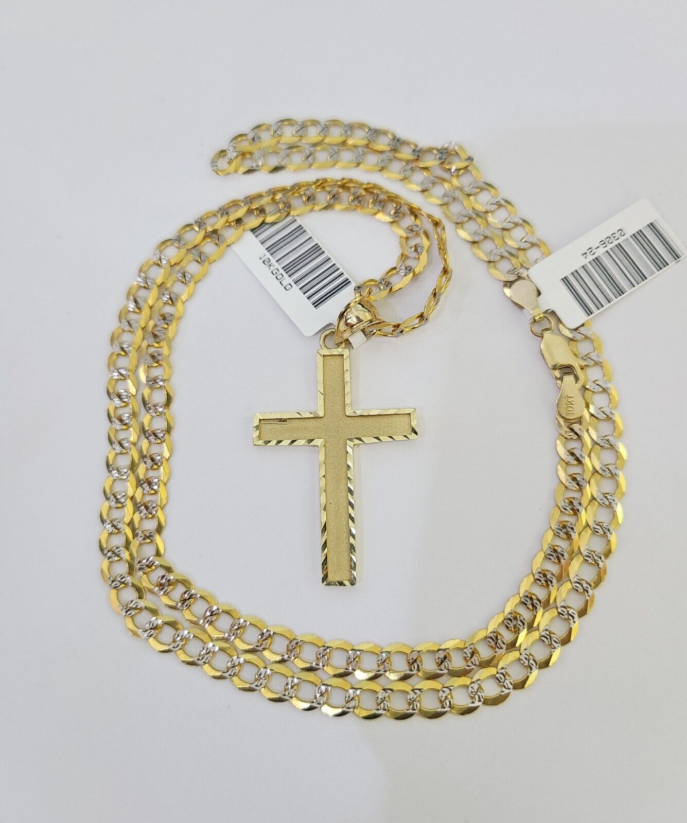 10k Gold Chain Cross Charm Solid Cuban Curb Link 5mm 18" - 28" Inch DiamondCut SET - GoldenlinQ