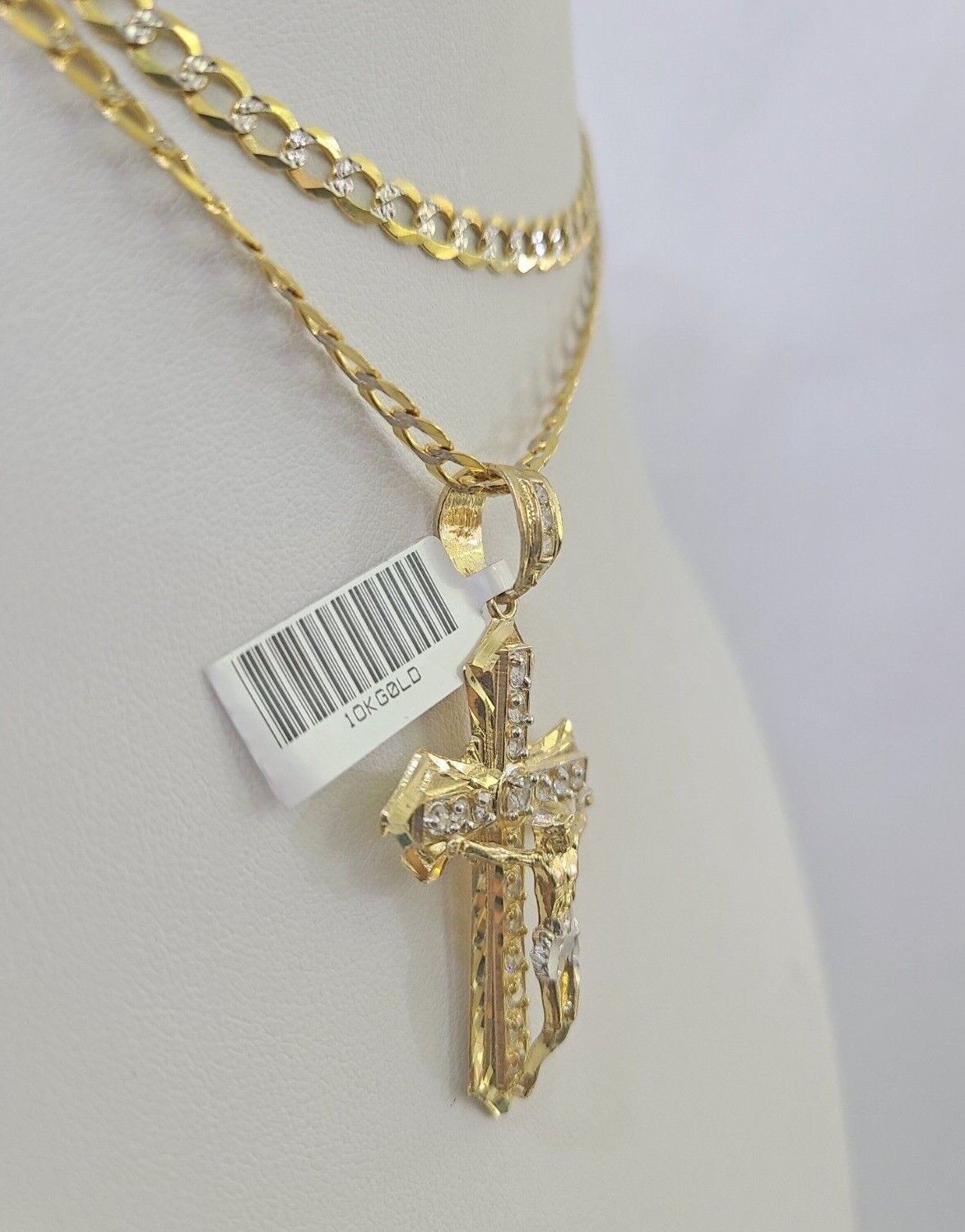 10k Gold Chain Cross Charm Solid Cuban Curb Link 5mm 18" - 28" Inch DiamondCut SET - GoldenlinQ