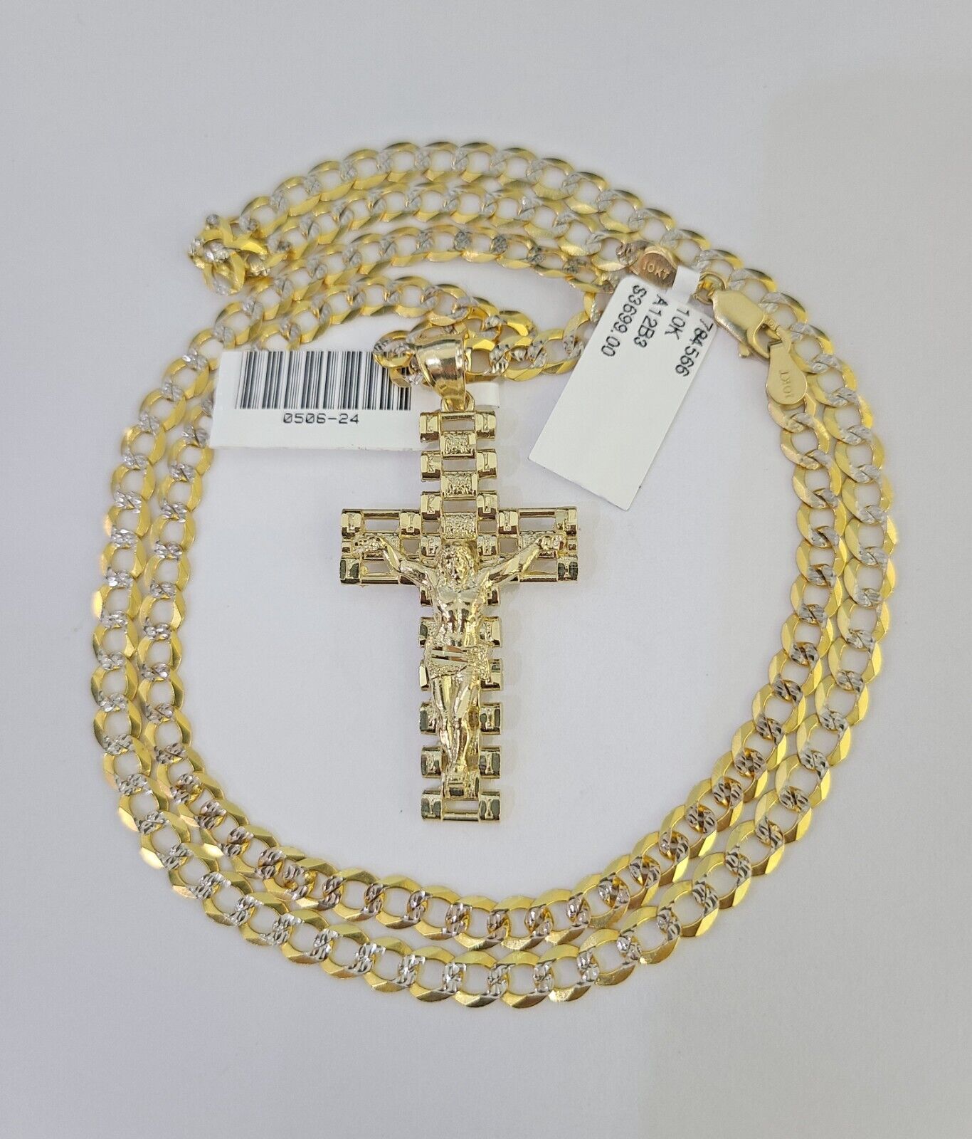 10k Gold Chain Cross Charm Solid Cuban Curb Link 5mm 18" - 28" Inch DiamondCut SET - GoldenlinQ