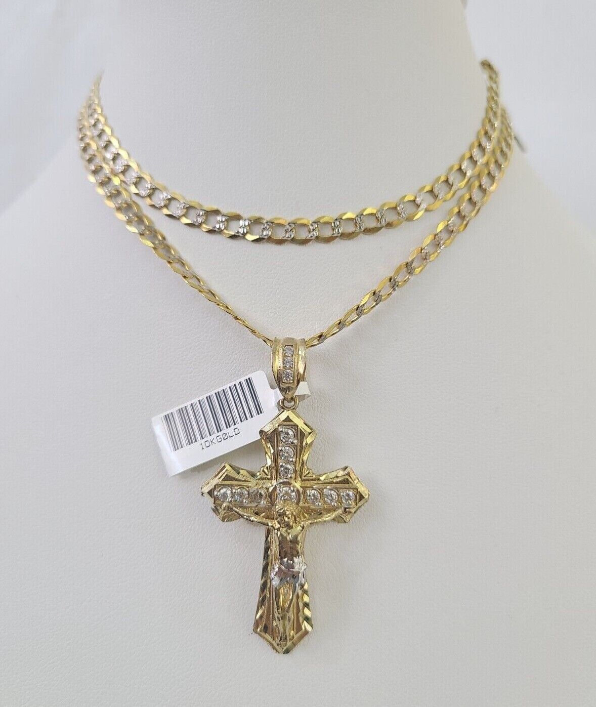 10k Gold Chain Cross Charm Solid Cuban Curb Link 5mm 18" - 28" Inch DiamondCut SET - GoldenlinQ