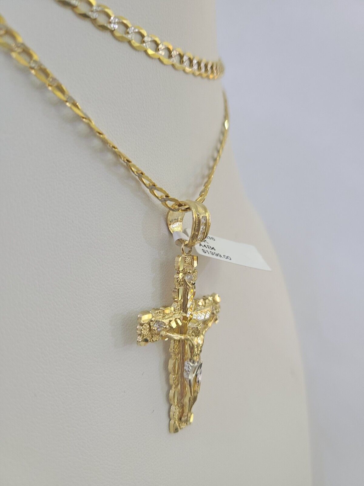 10k Gold Chain Cross Charm Solid Cuban Curb Link 5mm 18" - 28" Inch DiamondCut SET - GoldenlinQ