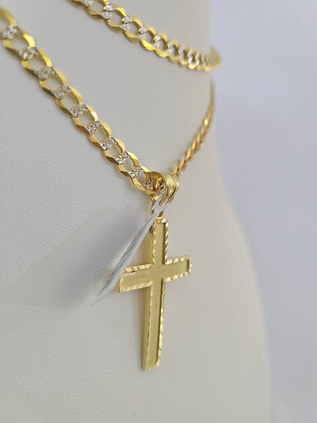 10k Gold Chain Cross Charm Solid Cuban Curb Link 5mm 18" - 28" Inch DiamondCut SET - GoldenlinQ