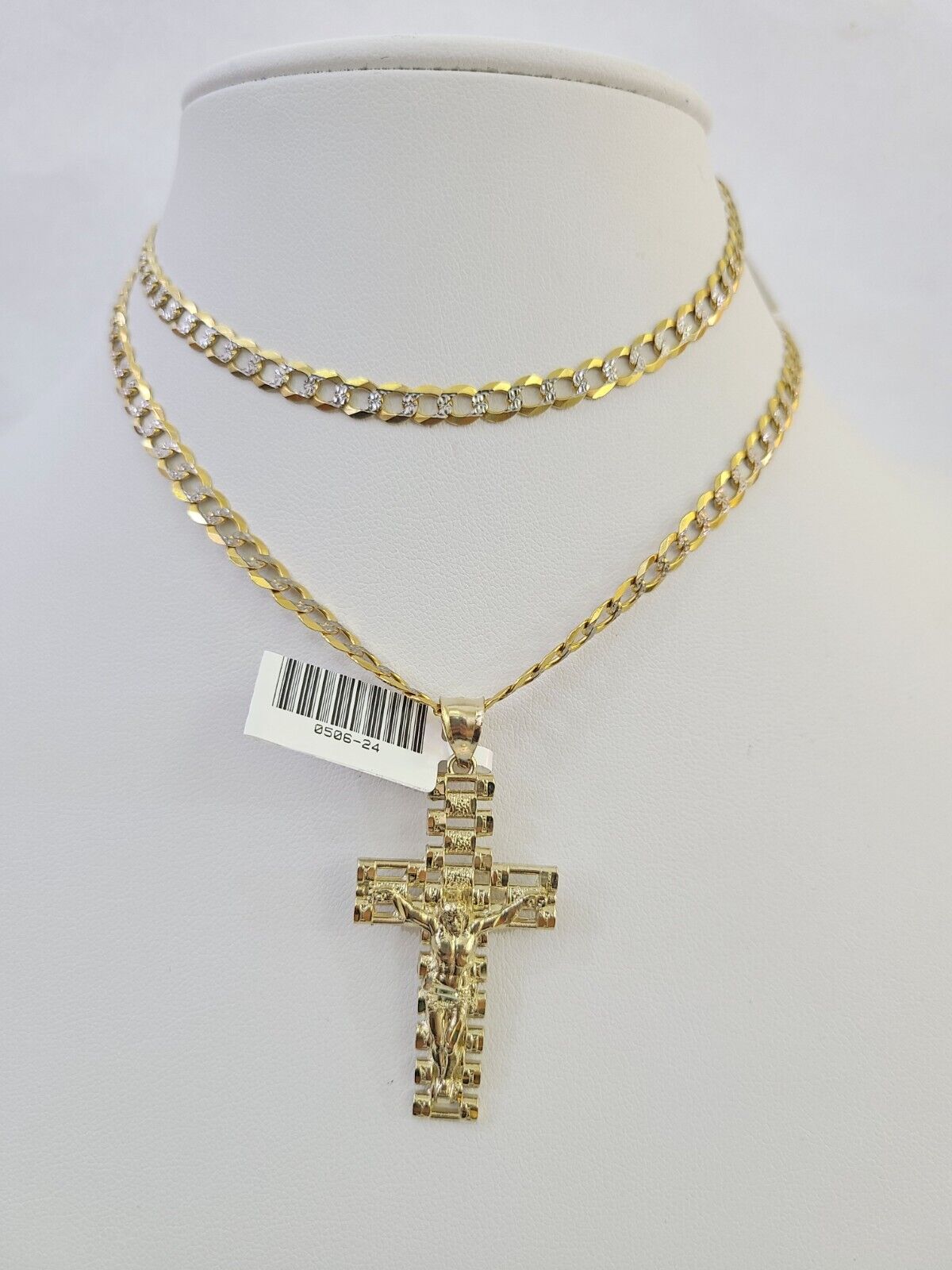 10k Gold Chain Cross Charm Solid Cuban Curb Link 5mm 18" - 28" Inch DiamondCut SET - GoldenlinQ