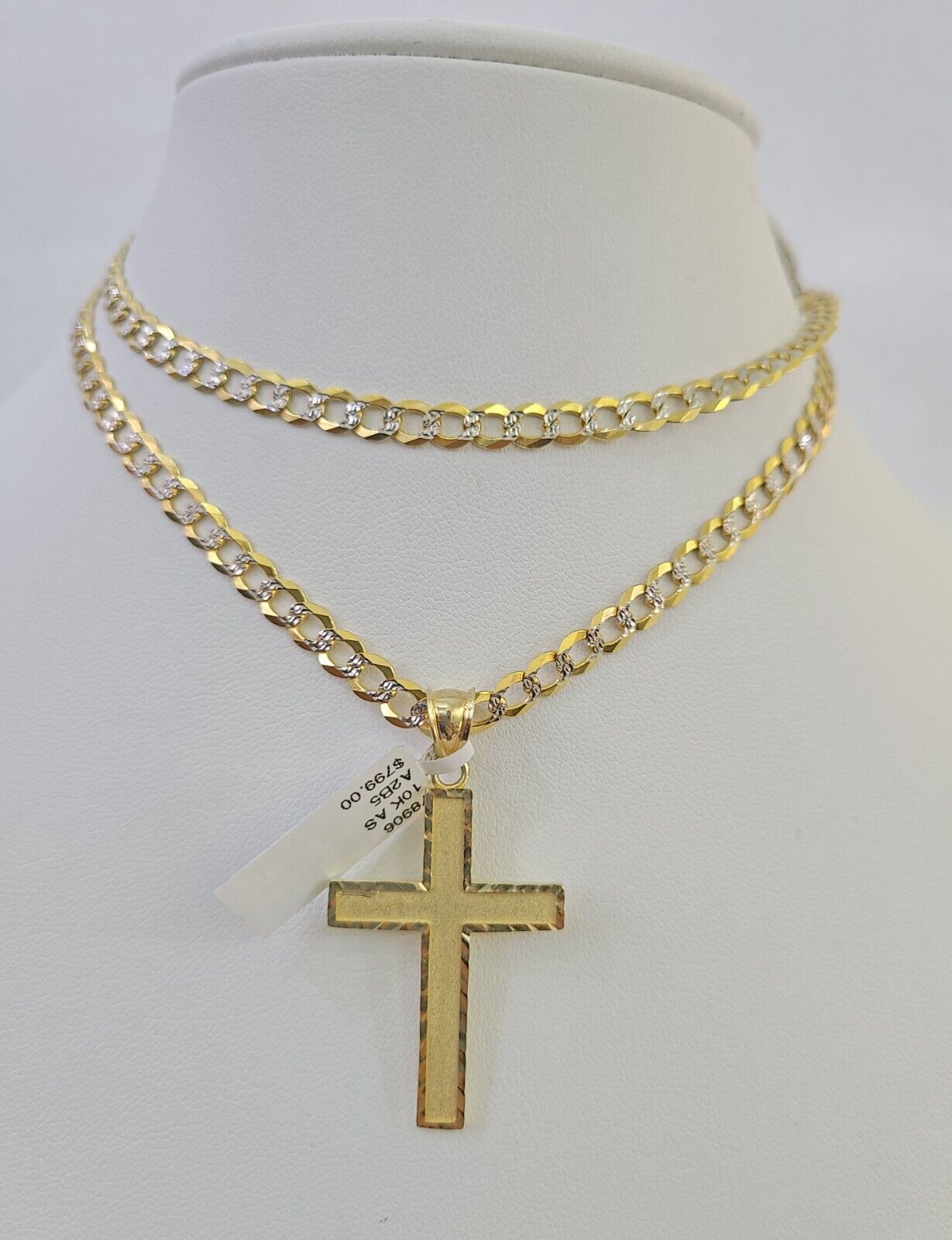 10k Gold Chain Cross Charm Solid Cuban Curb Link 5mm 18" - 28" Inch DiamondCut SET - GoldenlinQ