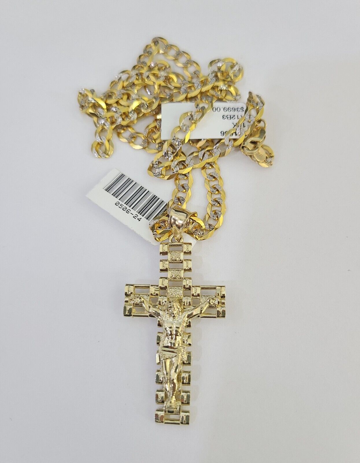 10k Gold Chain Cross Charm Solid Cuban Curb Link 5mm 18" - 28" Inch DiamondCut SET - GoldenlinQ