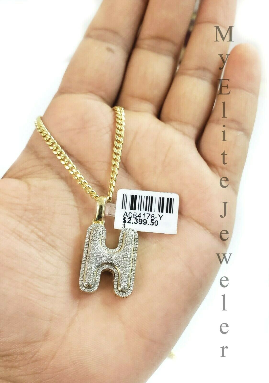 10K Gold Chain Initial H Charm Alphabet Pendant Solid 0.46 CT Diamond Men Ladies - GoldenlinQ