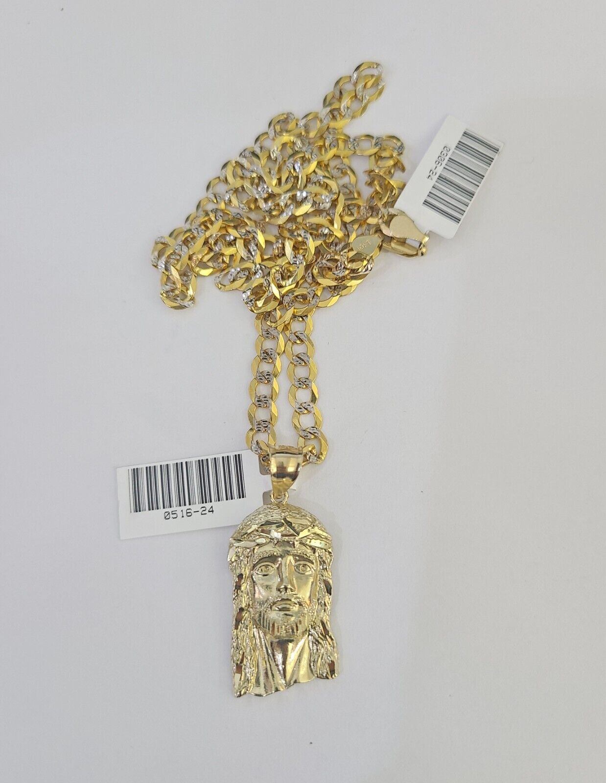 10k Gold Chain Jesus Head Charm Solid Cuban Curb Link 5mm 18" - 28" Inch SET - GoldenlinQ