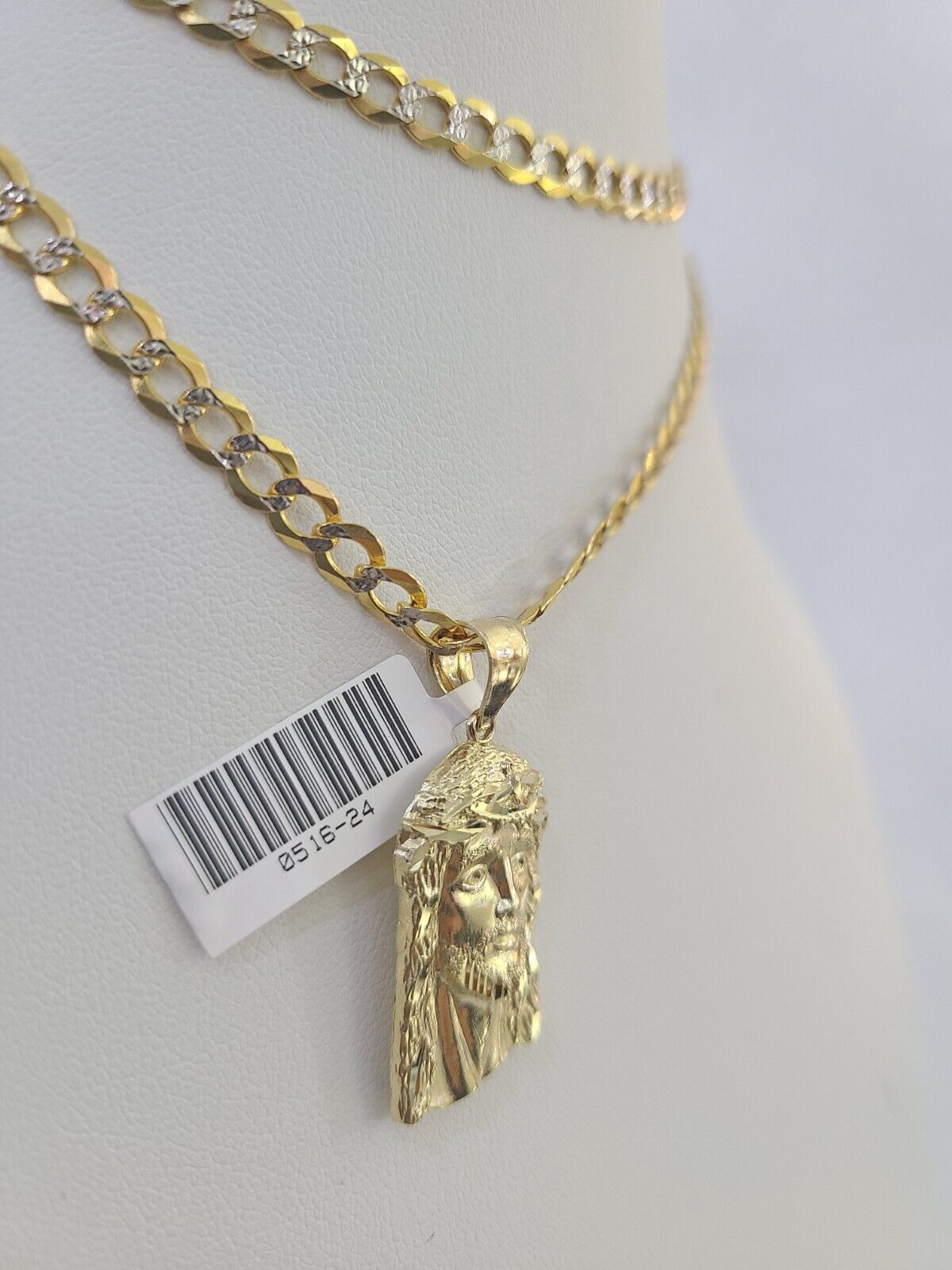 10k Gold Chain Jesus Head Charm Solid Cuban Curb Link 5mm 18" - 28" Inch SET - GoldenlinQ