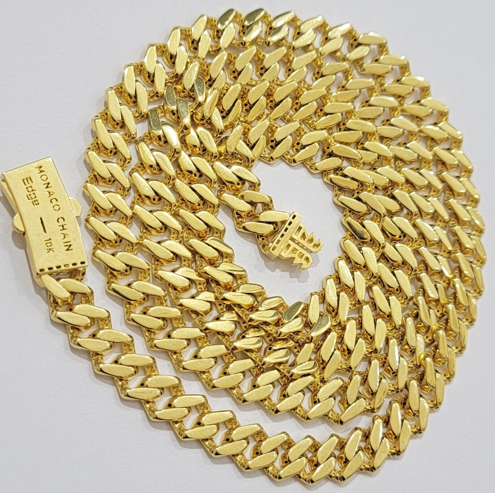 10k Gold chain Monaco Cuban Link necklace 7.5mm 18 - 24 Inch Box Lock Real 10 KT - GoldenlinQ