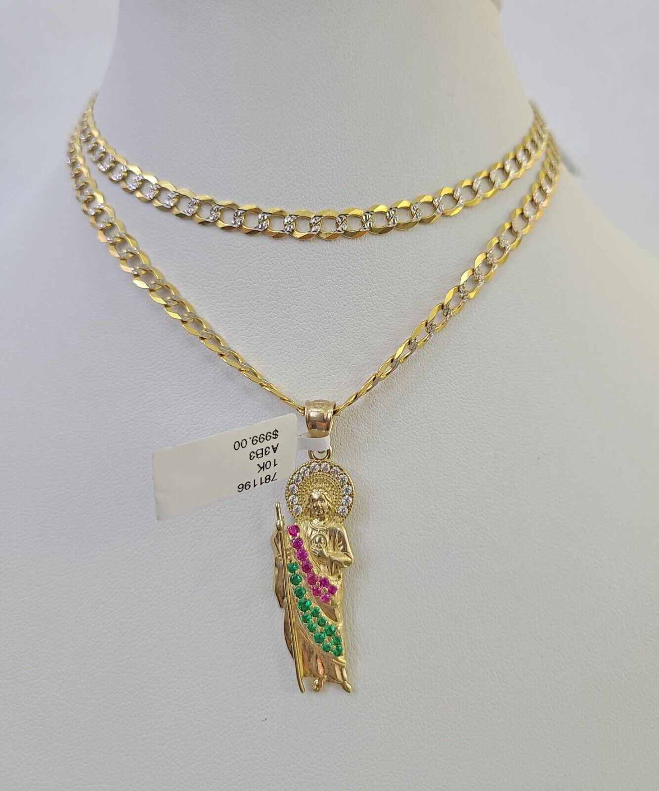 10k Gold Chain Saint Jude Charm Solid Cuban Curb Link 5mm 18" - 28" Inch SET - GoldenlinQ