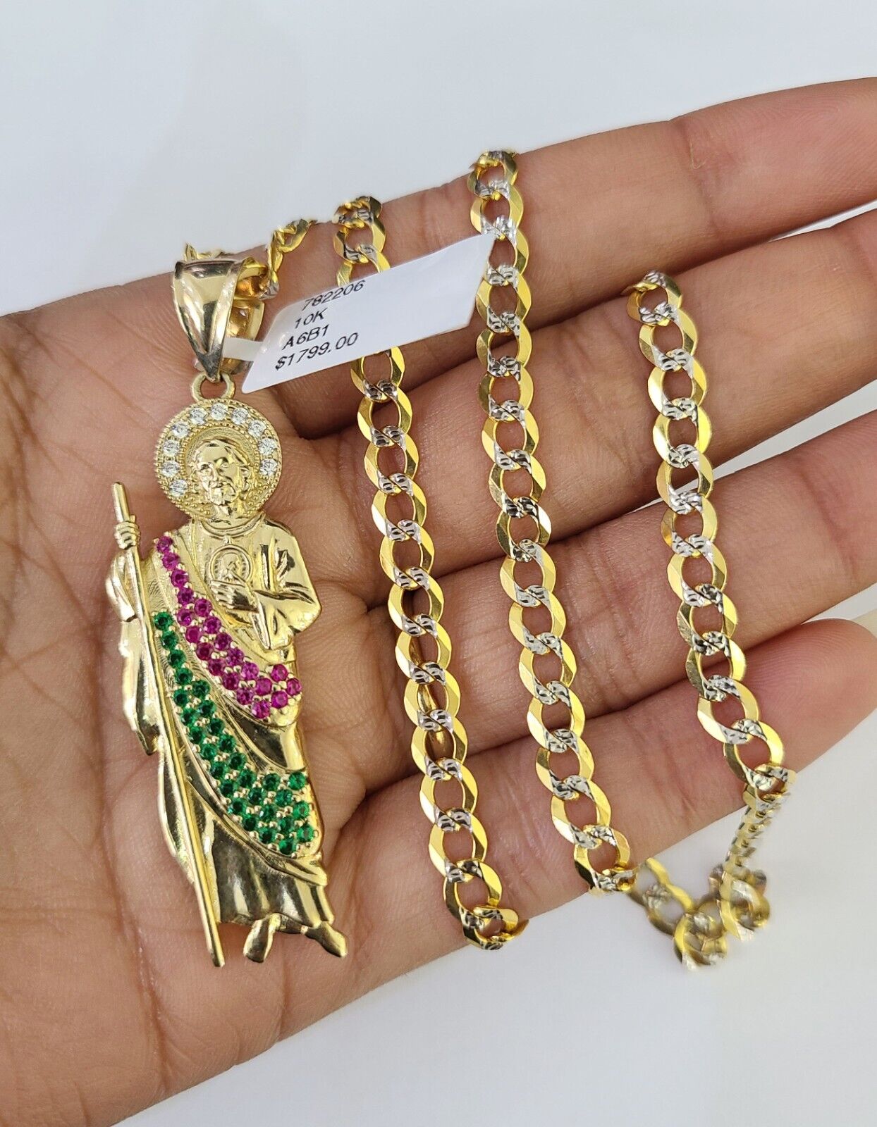 10k Gold Chain Saint Jude Charm Solid Cuban Curb Link 5mm 18" - 28" Inch SET - GoldenlinQ