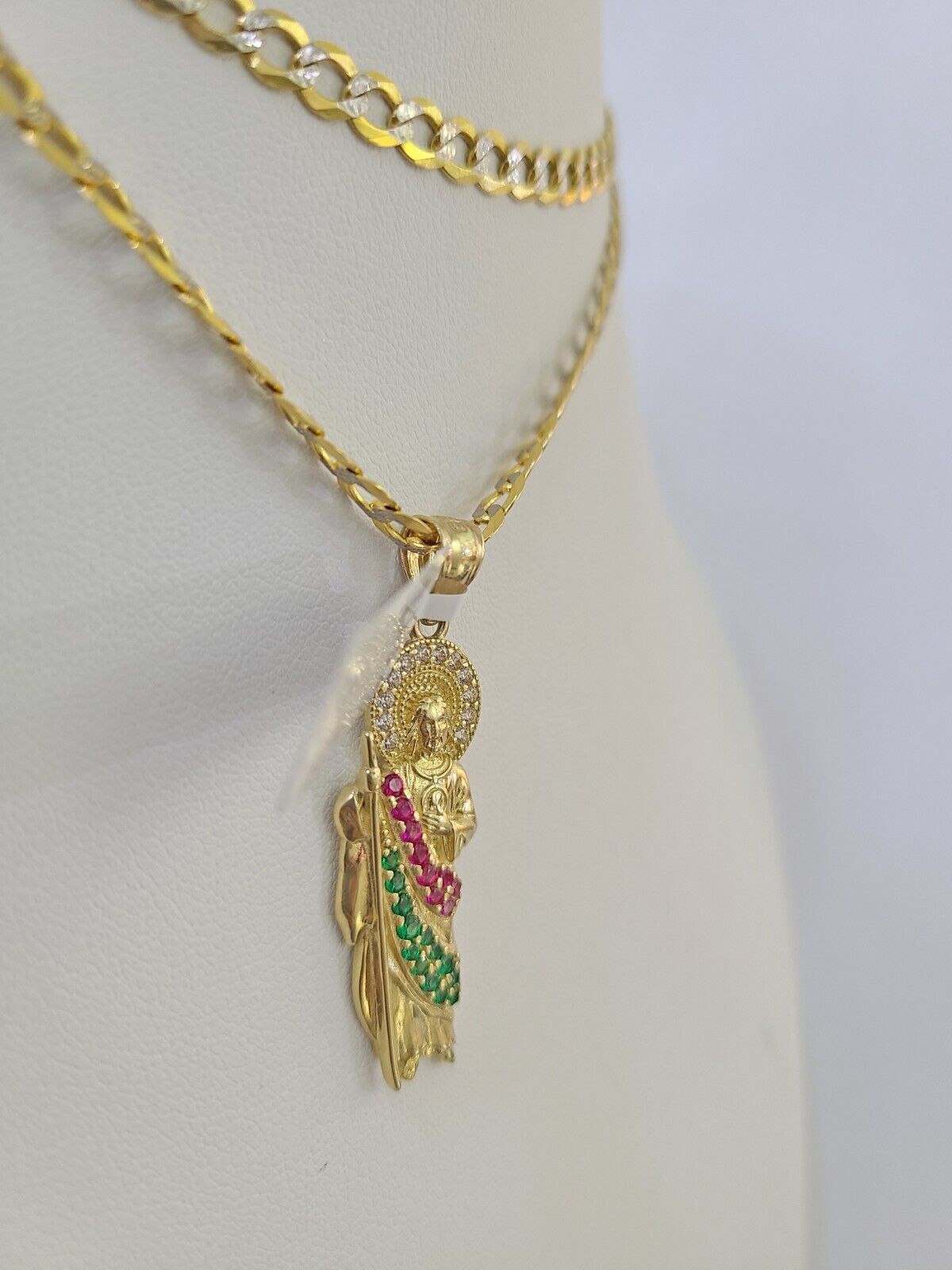 10k Gold Chain Saint Jude Charm Solid Cuban Curb Link 5mm 18" - 28" Inch SET - GoldenlinQ