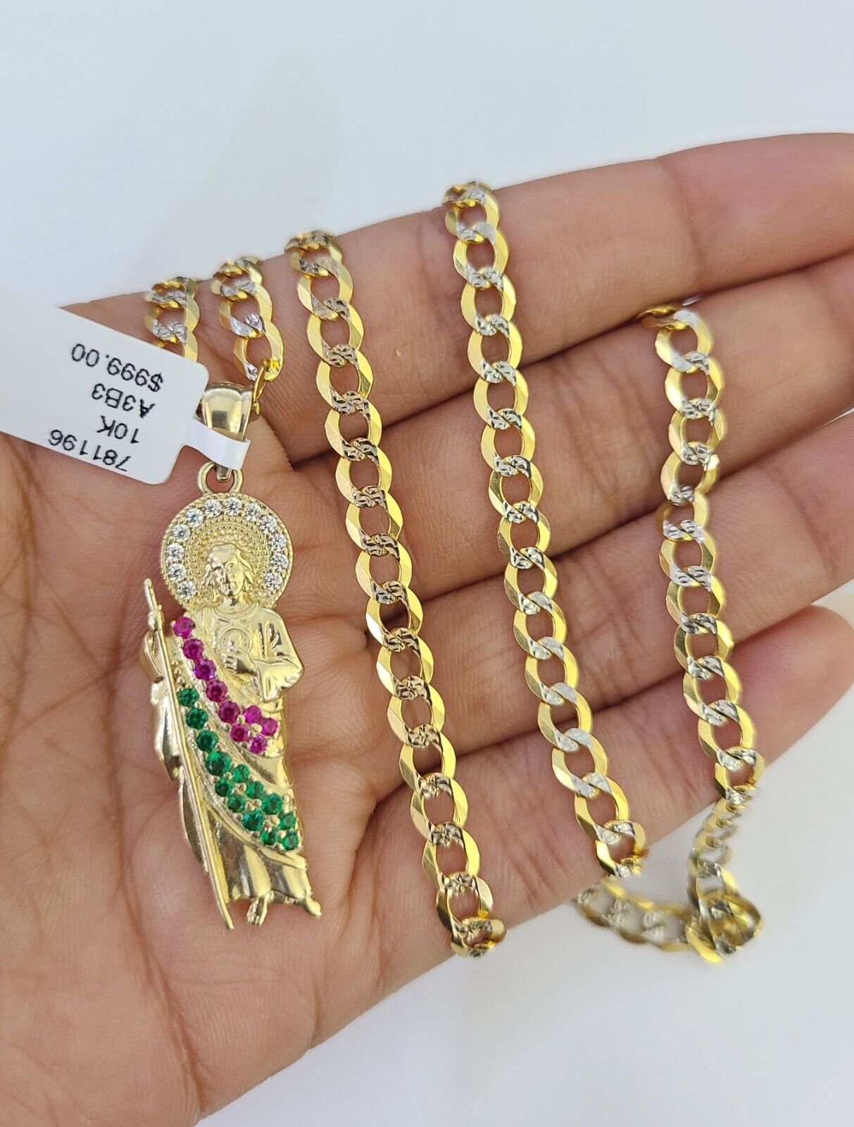 10k Gold Chain Saint Jude Charm Solid Cuban Curb Link 5mm 18" - 28" Inch SET - GoldenlinQ