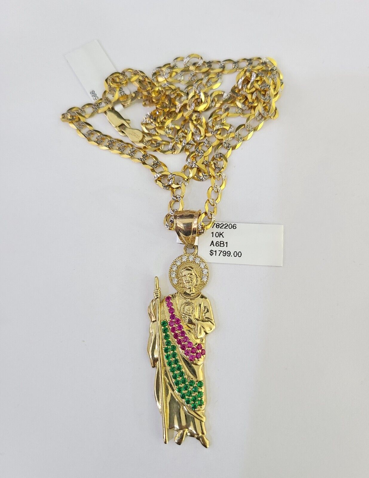 10k Gold Chain Saint Jude Charm Solid Cuban Curb Link 5mm 18" - 28" Inch SET - GoldenlinQ