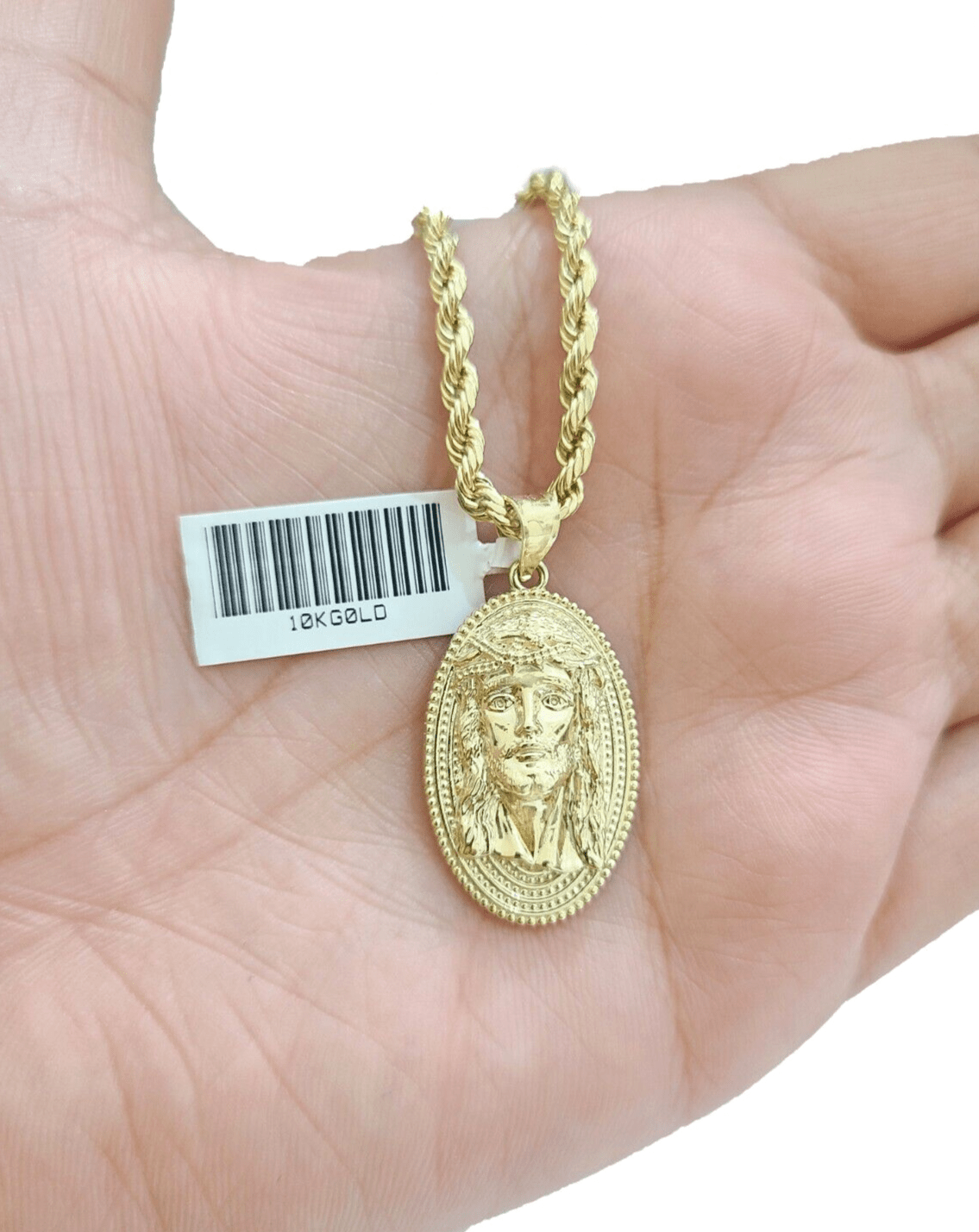 10k Gold Circular Jesus Head Charm Rope Chain Necklace 3mm 18''Set Pendant 10kt - GoldenlinQ