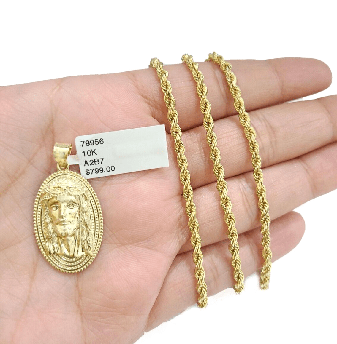 10k Gold Circular Jesus Head Charm Rope Chain Necklace 3mm 18''Set Pendant 10kt - GoldenlinQ