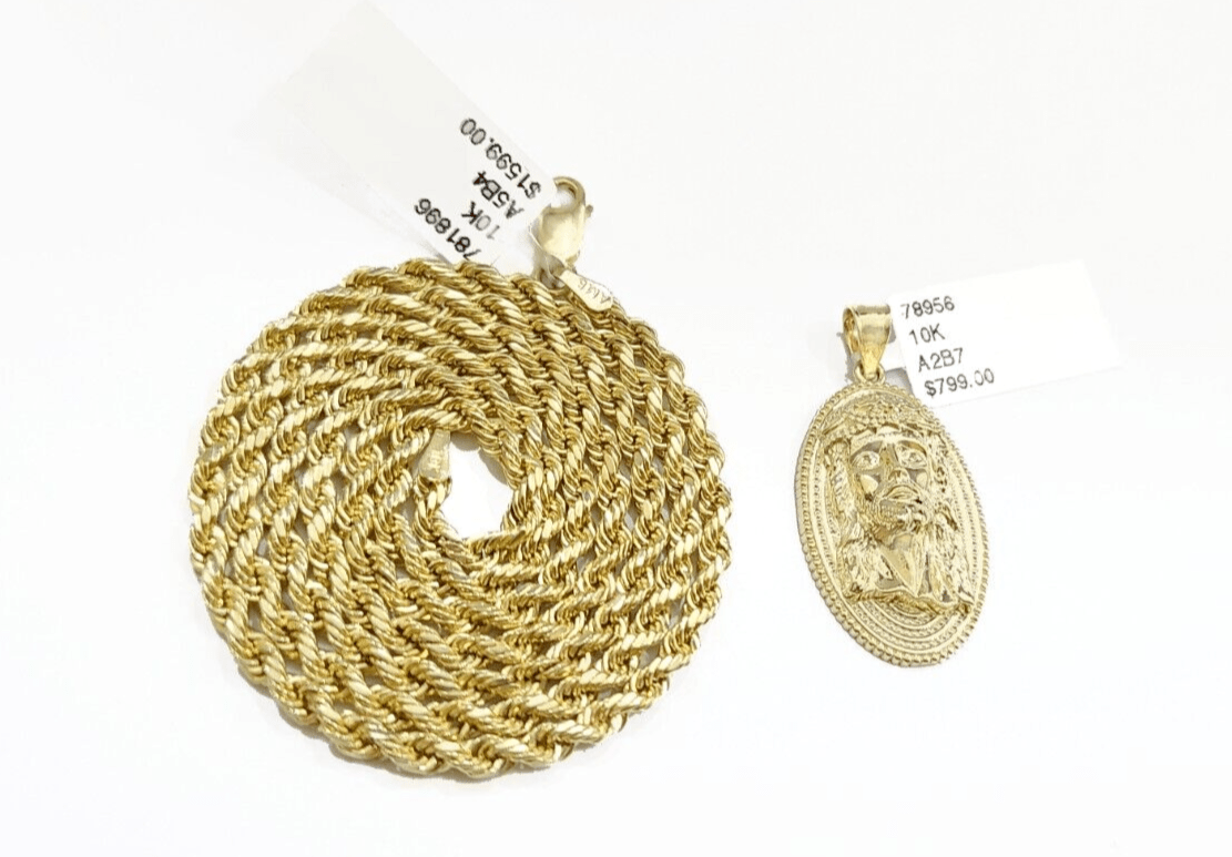 10k Gold Circular Jesus Head Charm Rope Chain Necklace 3mm 18''Set Pendant 10kt - GoldenlinQ
