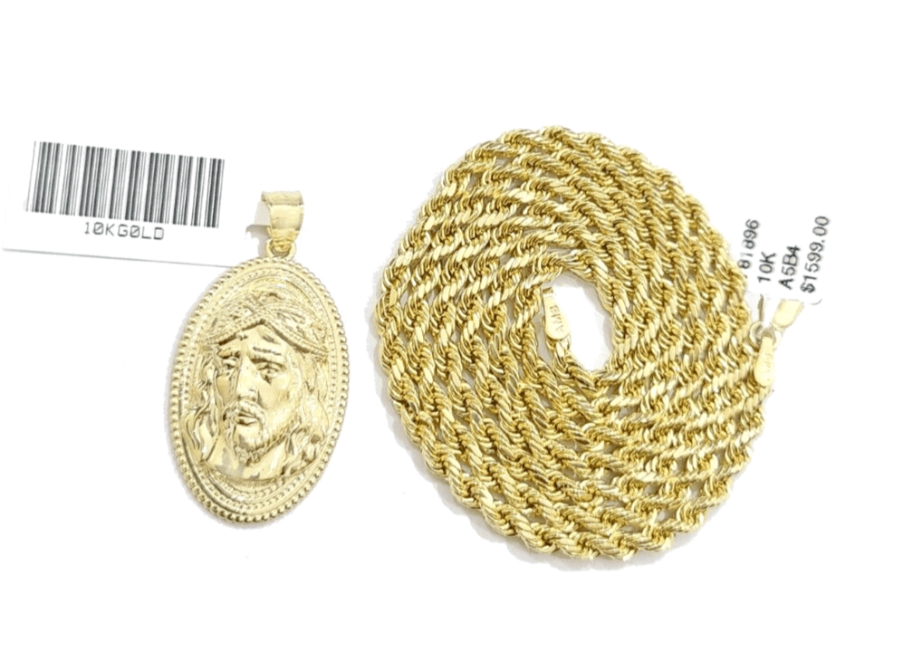 10k Gold Circular Jesus Head Charm Rope Chain Necklace 3mm 20'' Set Pendant 10kt - GoldenlinQ