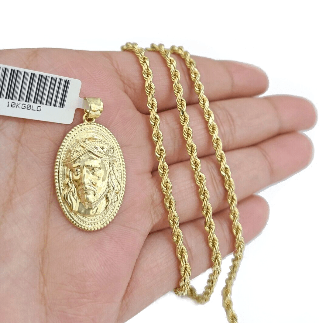 10k Gold Circular Jesus Head Charm Rope Chain Necklace 3mm 24'' Set Pendant 10kt - GoldenlinQ