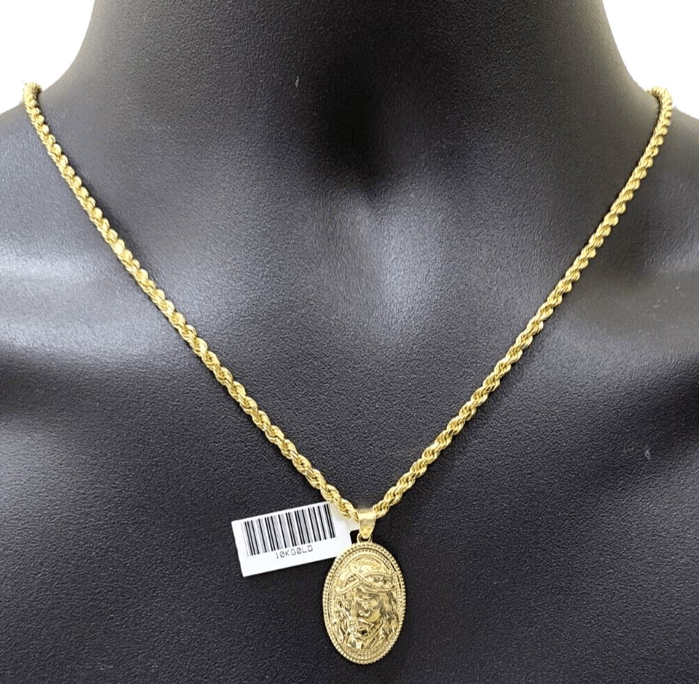 10k Gold Circular Jesus Head Charm Rope Chain Necklace 3mm 24'' Set Pendant 10kt - GoldenlinQ