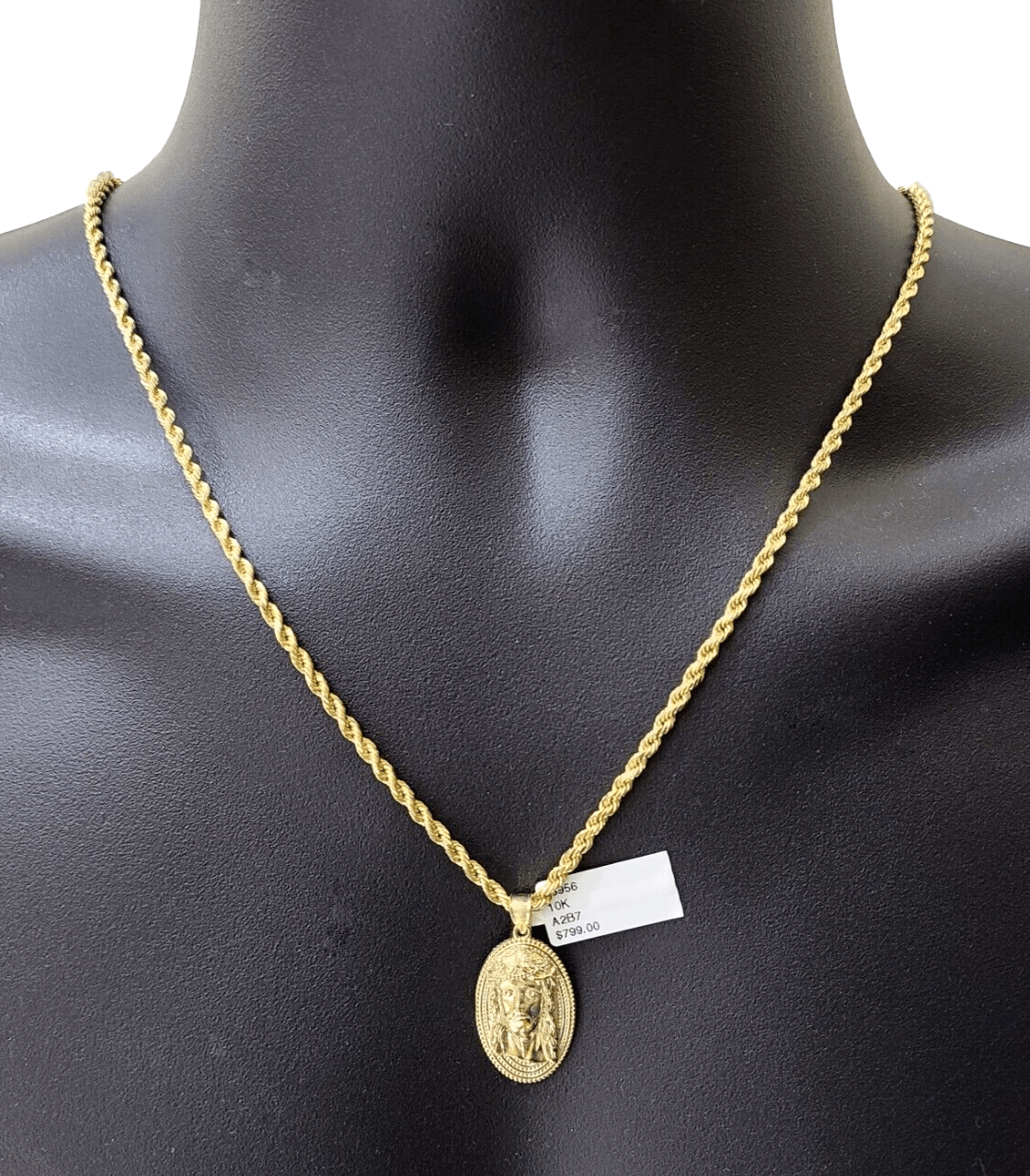 10k Gold Circular Jesus Head Charm Rope Chain Necklace 3mm 24'' Set Pendant 10kt - GoldenlinQ