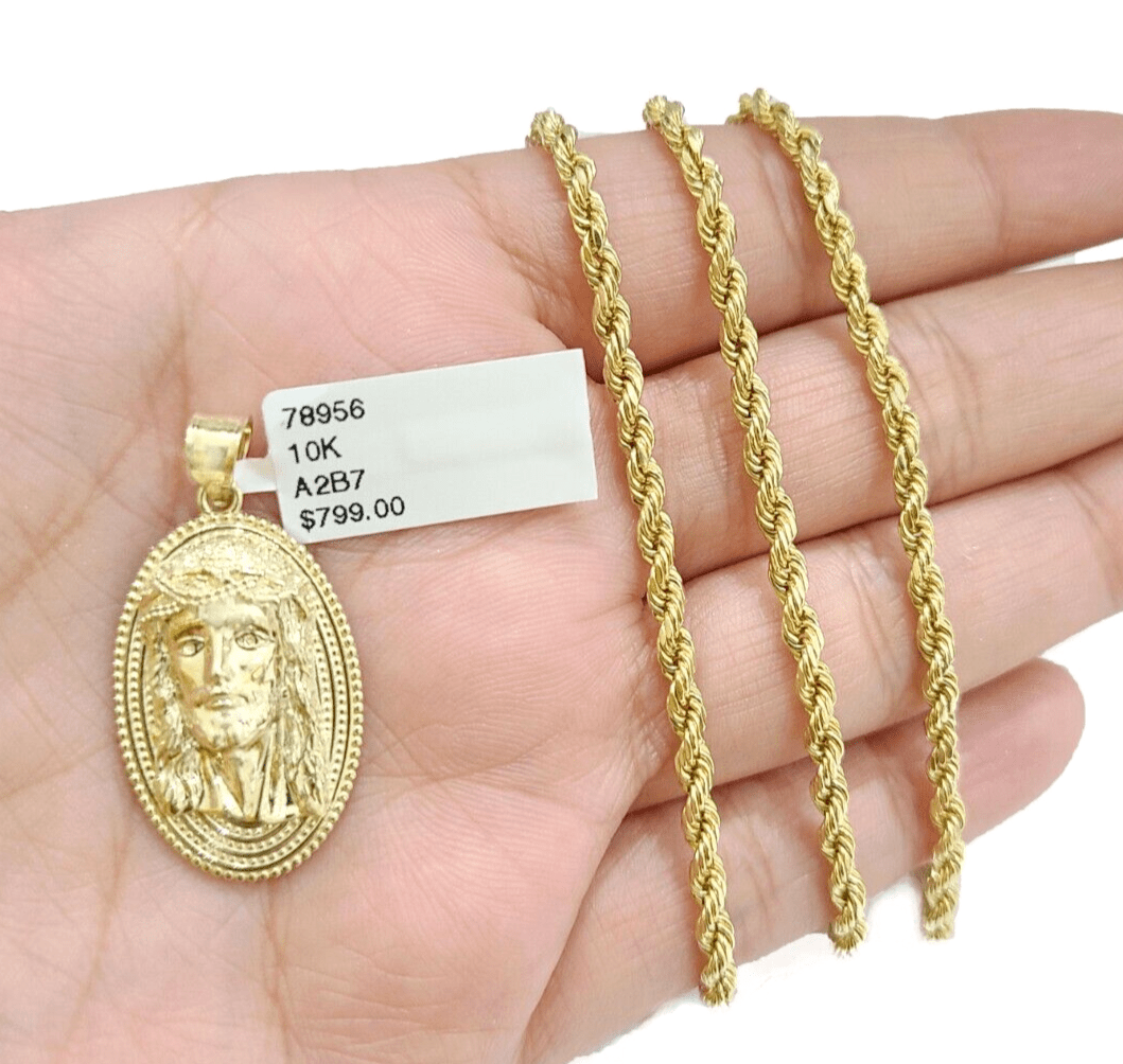 10k Gold Circular Jesus Head Charm Rope Chain Necklace 3mm 26'' Set Pendant 10kt - GoldenlinQ