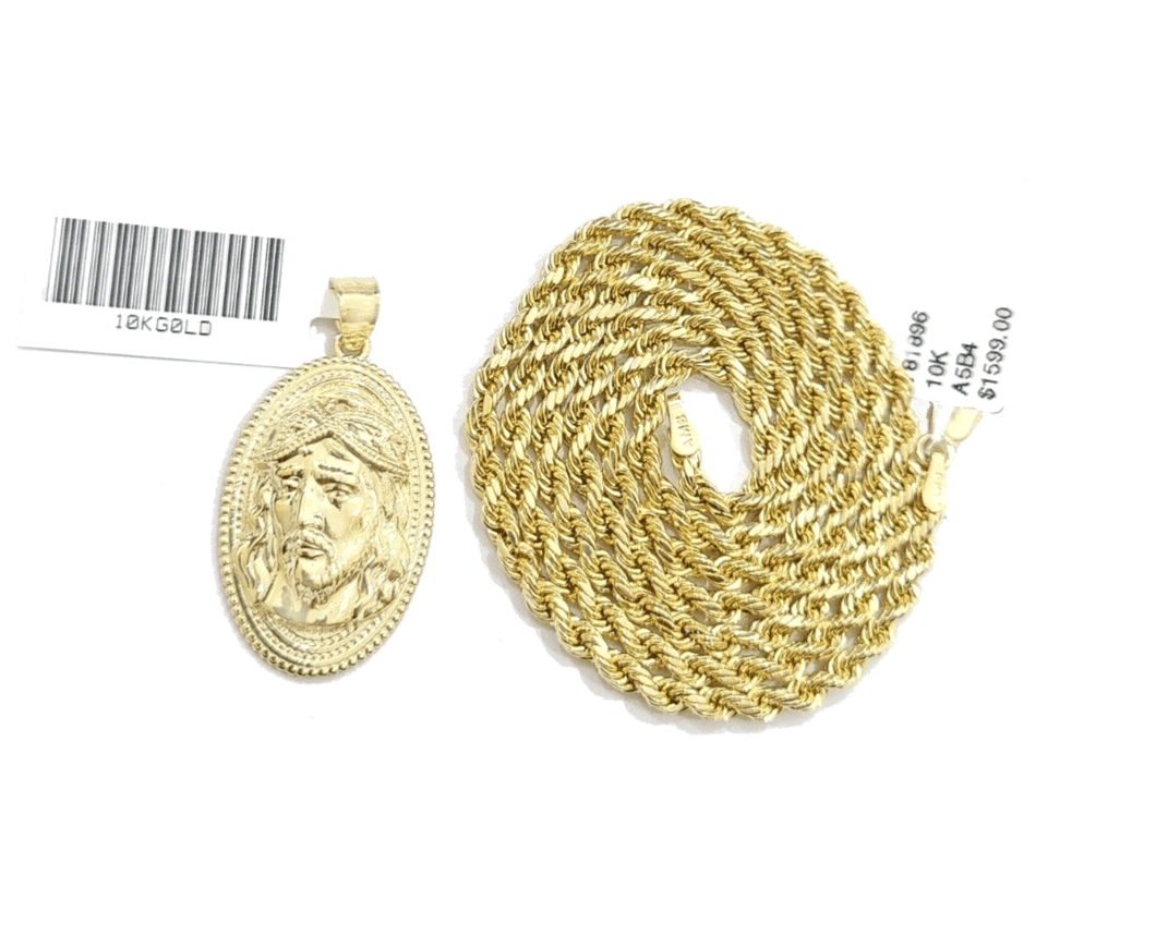 10k Gold Circular Jesus Head Charm Rope Chain Necklace 3mm 26'' Set Pendant 10kt - GoldenlinQ
