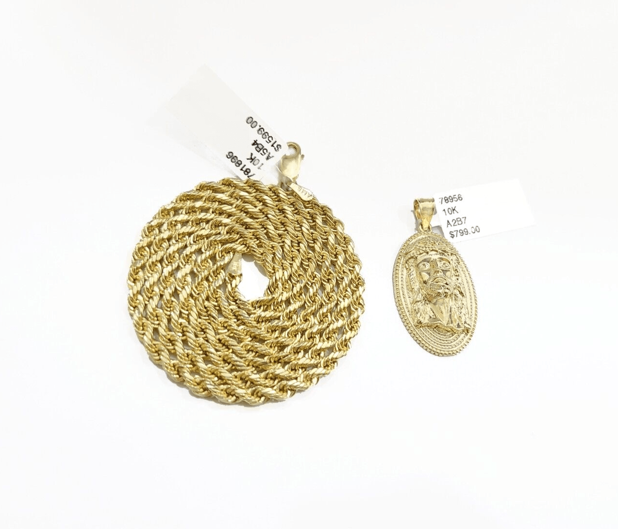 10k Gold Circular Jesus Head Charm Rope Chain Necklace 3mm 26'' Set Pendant 10kt - GoldenlinQ