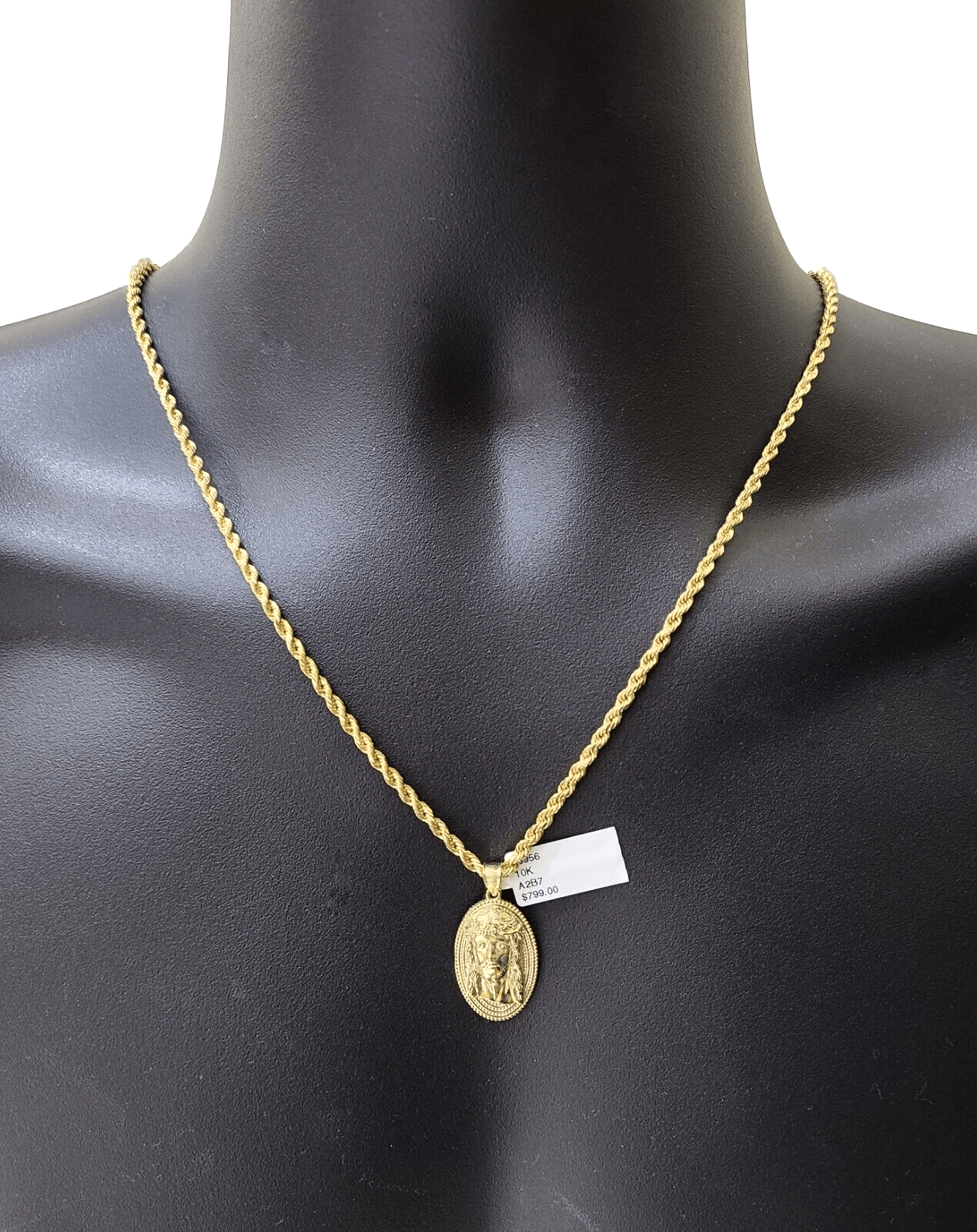 10k Gold Circular Jesus Head Charm Rope Chain Necklace 3mm 28'' Set Pendant 10kt - GoldenlinQ
