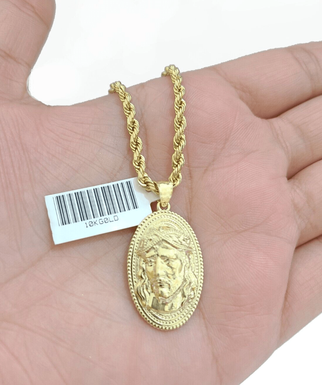 10k Gold Circular Jesus Head Charm Rope Chain Necklace 3mm 28'' Set Pendant 10kt - GoldenlinQ