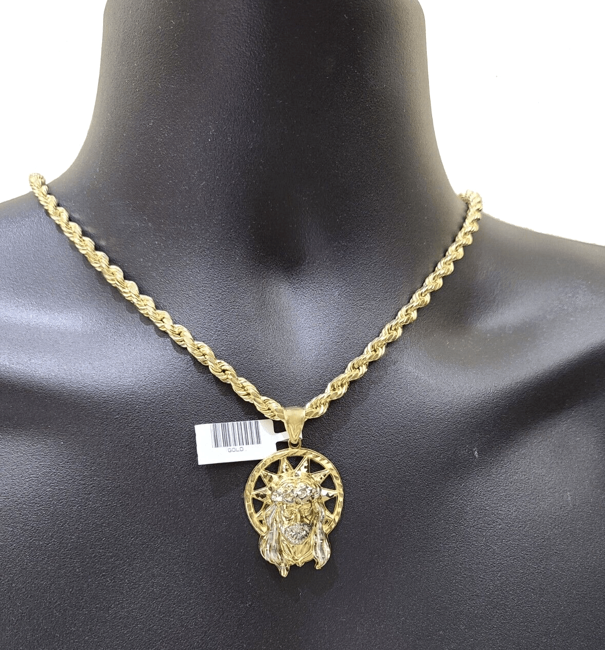 10k Gold Circular Jesus Star Head Charm Rope Chain Necklace 6mm 20'' Set Pendant - GoldenlinQ