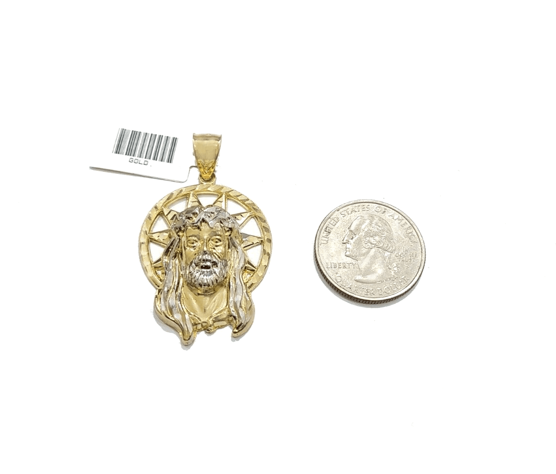 10k Gold Circular Jesus Star Head Charm Rope Chain Necklace 6mm 22'' Set Pendant - GoldenlinQ