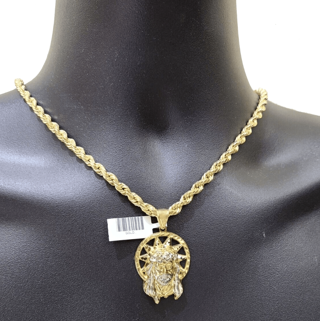 10k Gold Circular Jesus Star Head Charm Rope Chain Necklace 6mm 22'' Set Pendant - GoldenlinQ