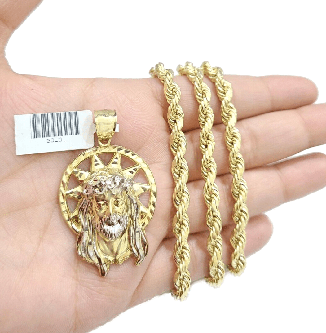 10k Gold Circular Jesus Star Head Charm Rope Chain Necklace 6mm 24'' Set Pendant - GoldenlinQ