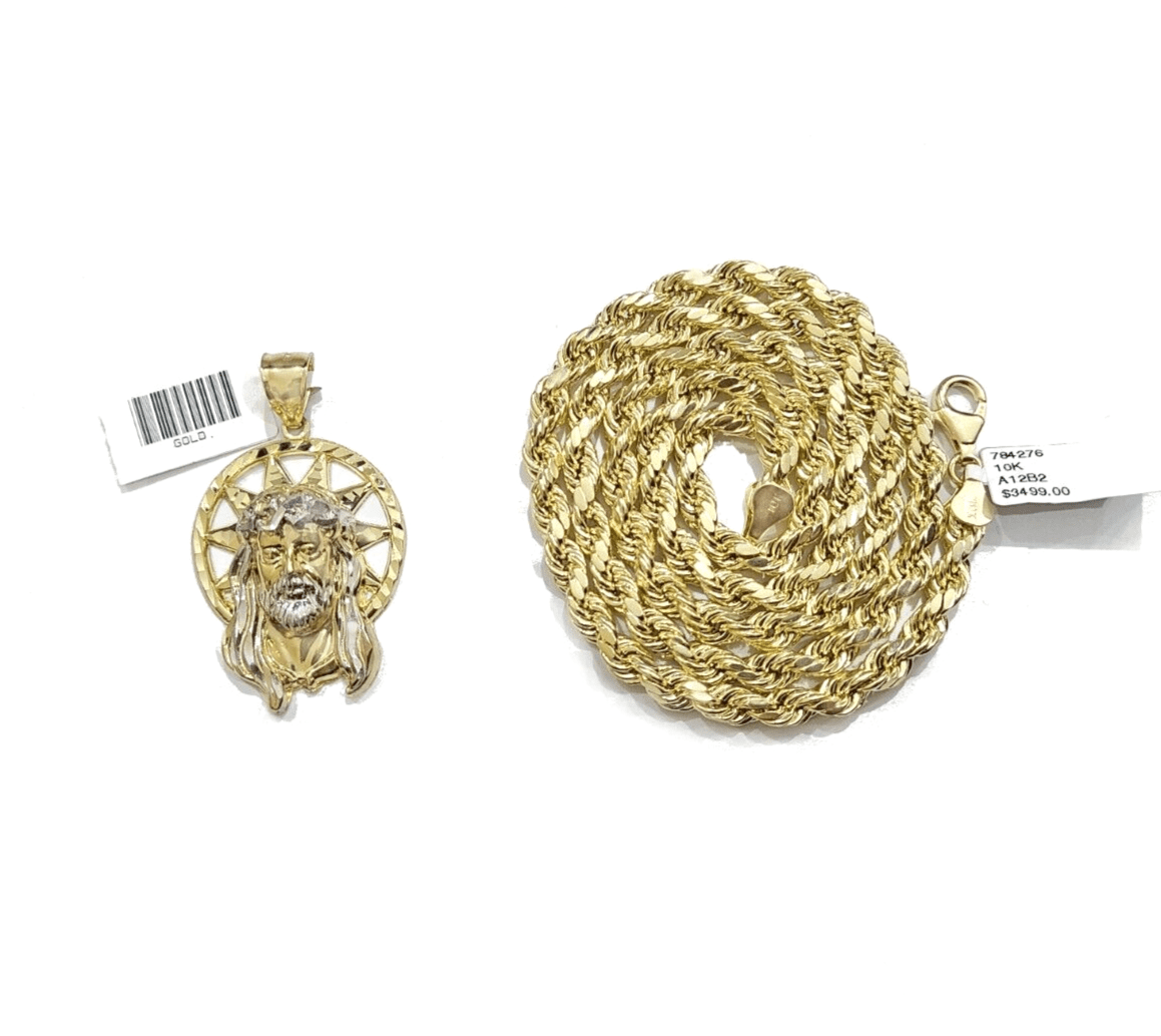10k Gold Circular Jesus Star Head Charm Rope Chain Necklace 6mm 24'' Set Pendant - GoldenlinQ