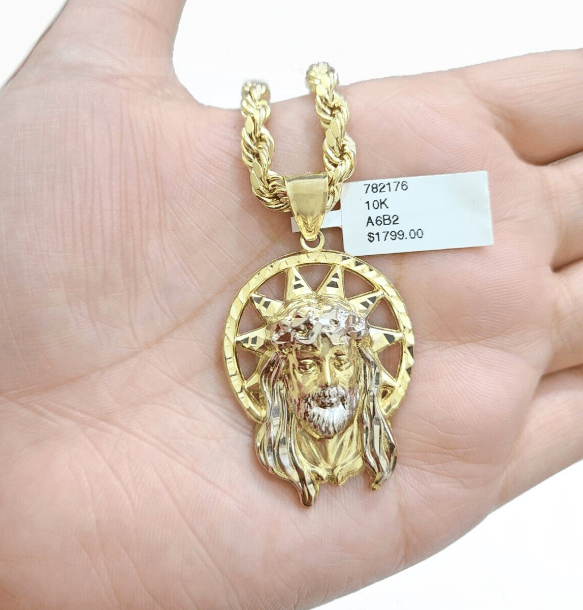 10k Gold Circular Jesus Star Head Charm Rope Chain Necklace 6mm 26'' Set Pendant - GoldenlinQ