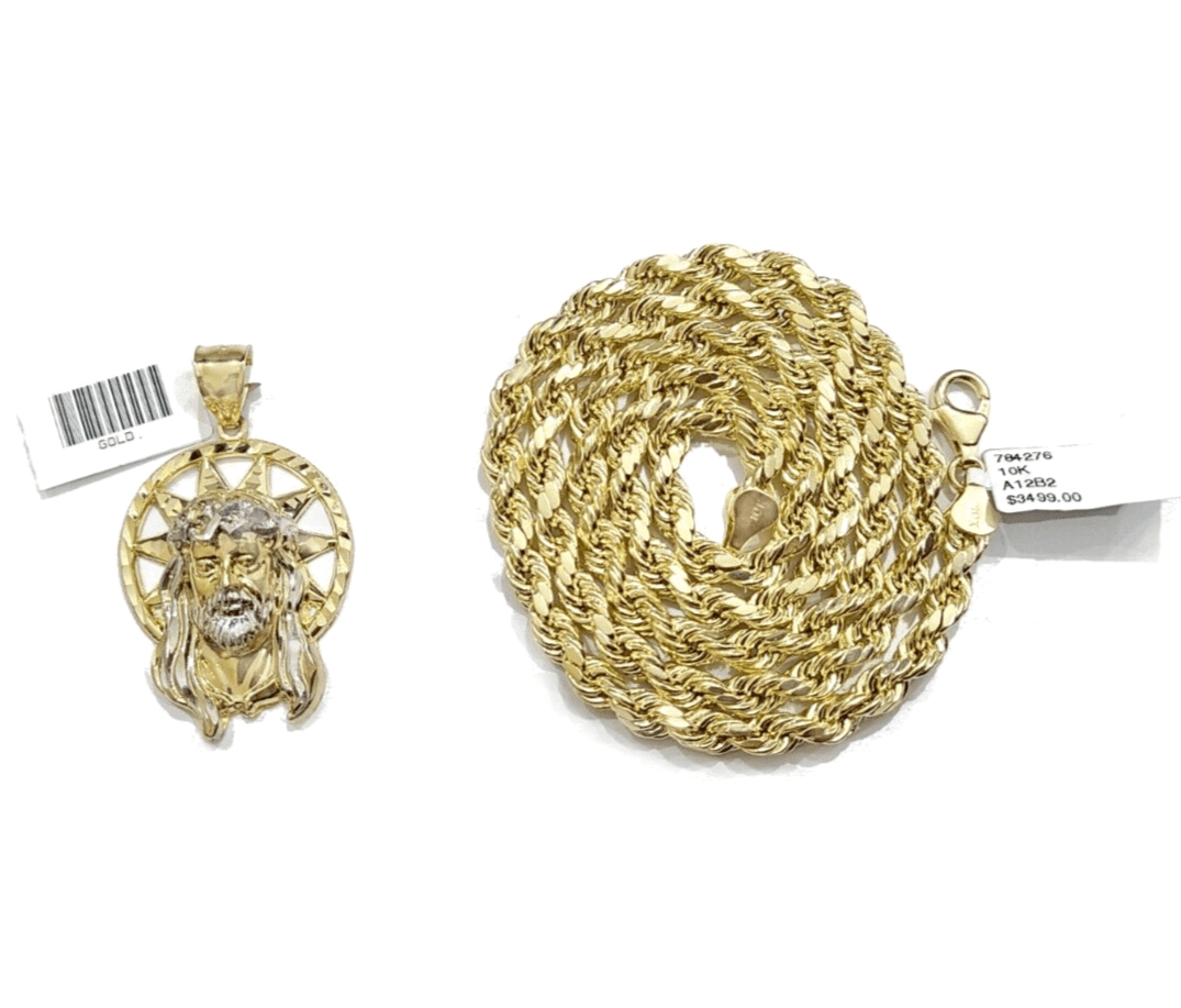 10k Gold Circular Jesus Star Head Charm Rope Chain Necklace 6mm 28'' Set Pendant - GoldenlinQ
