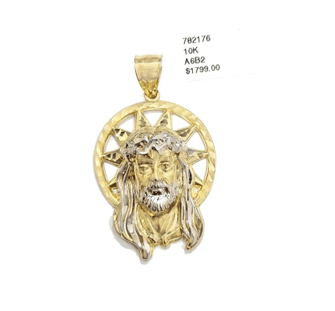 10k Gold Circular Jesus Star Head Charm Rope Chain Necklace 6mm 28'' Set Pendant - GoldenlinQ