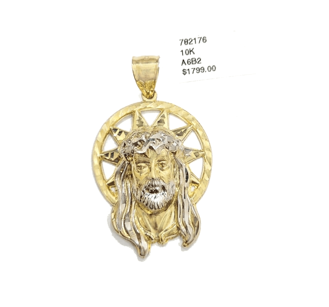 10k Gold Circular Jesus Star Head Charm Rope Chain Necklace 6mm 30'' Set Pendant - GoldenlinQ