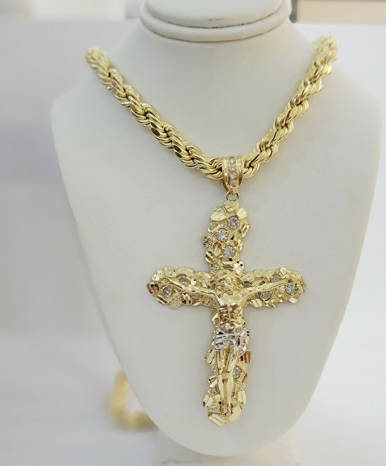 10k Gold Cross Pendant Men's 3.5 Inch long10kt Yellow Gold Jesus Crucifix, REAL - GoldenlinQ