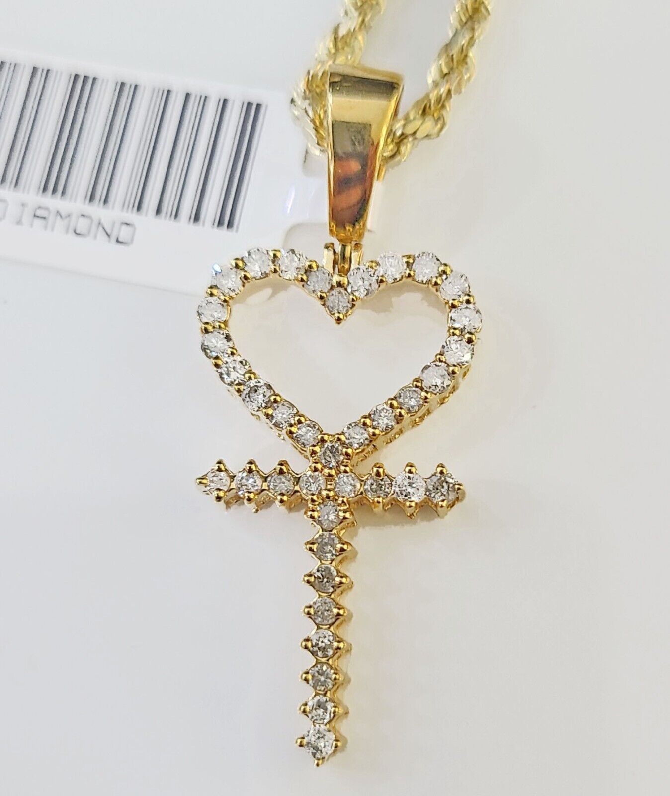 10k Gold Diamond Heart with Cross Pendent and 2.5mm 20 Inches Rope Chain - GoldenlinQ
