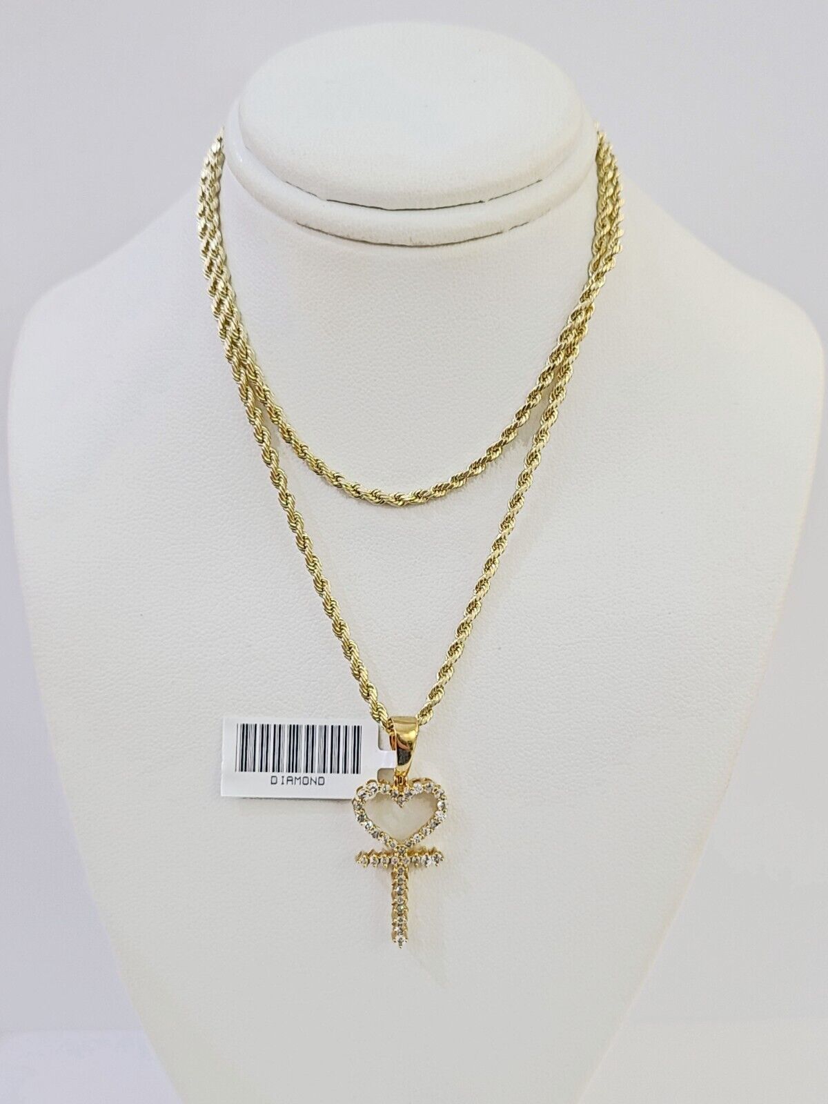 10k Gold Diamond Heart with Cross Pendent and 2.5mm 20 Inches Rope Chain - GoldenlinQ