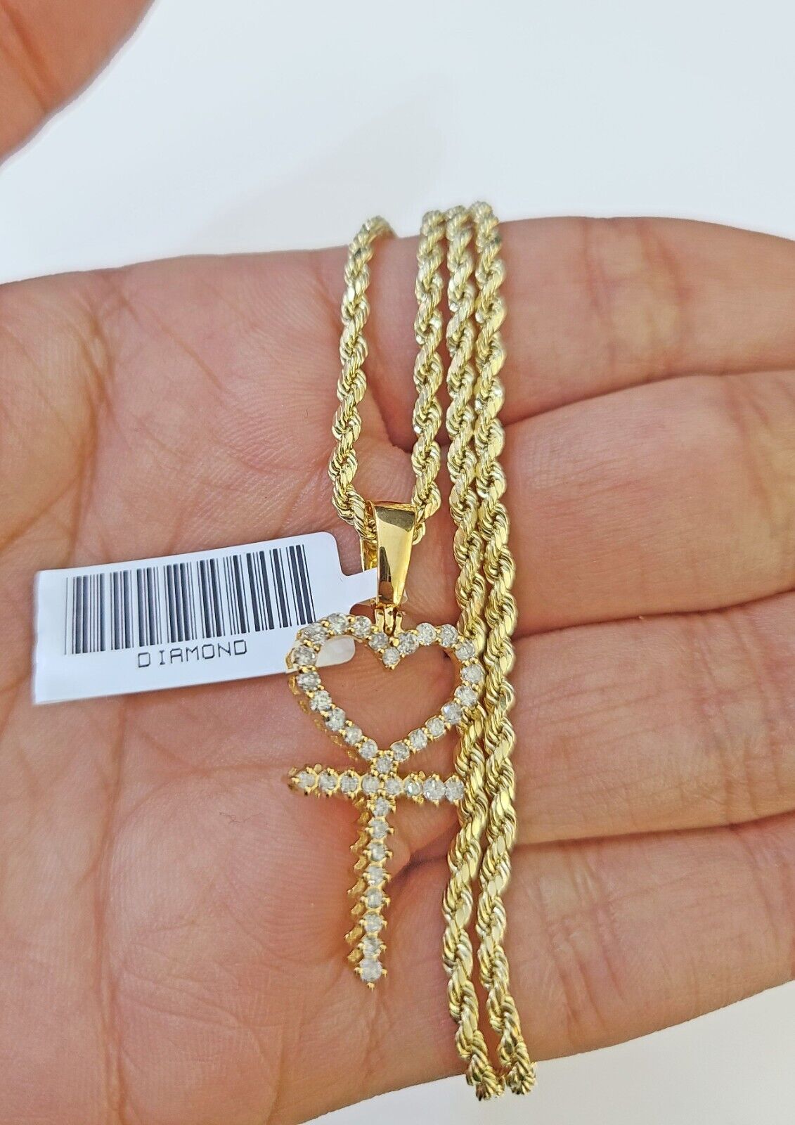 10k Gold Diamond Heart with Cross Pendent and 2.5mm 20 Inches Rope Chain - GoldenlinQ