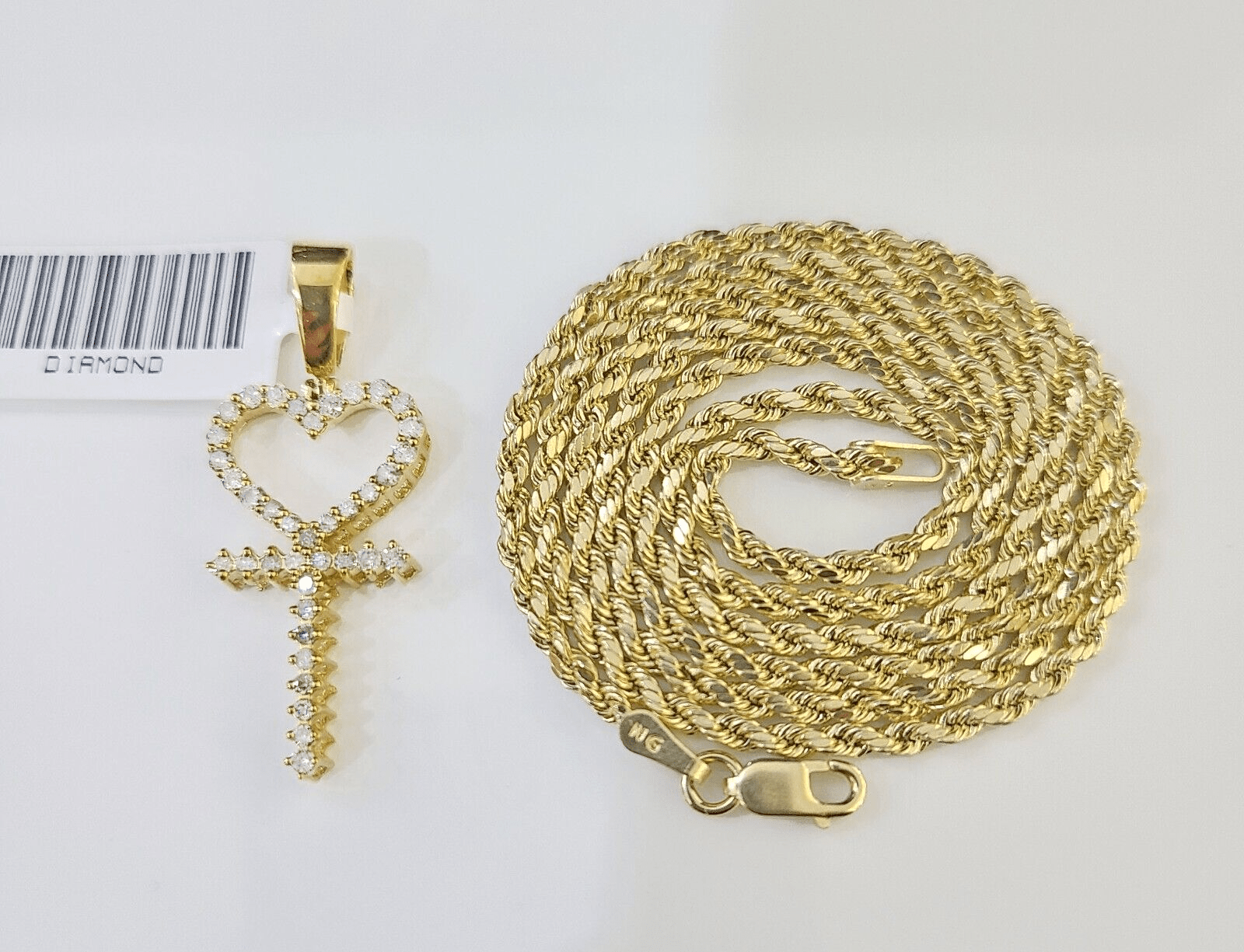 10k Gold Diamond Heart with Cross Pendent and 2.5mm 20 Inches Rope Chain - GoldenlinQ