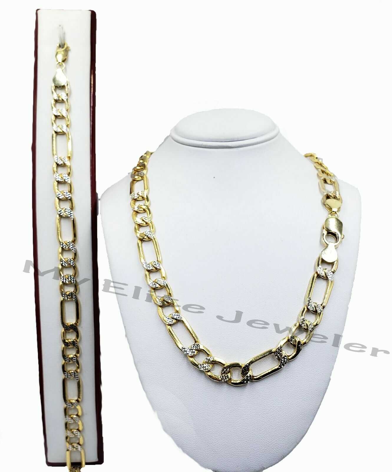 10k Gold Figaro Chain Bracelet SET 26" 9Inch 8mm REAL Cadena de oro para hombre - GoldenlinQ