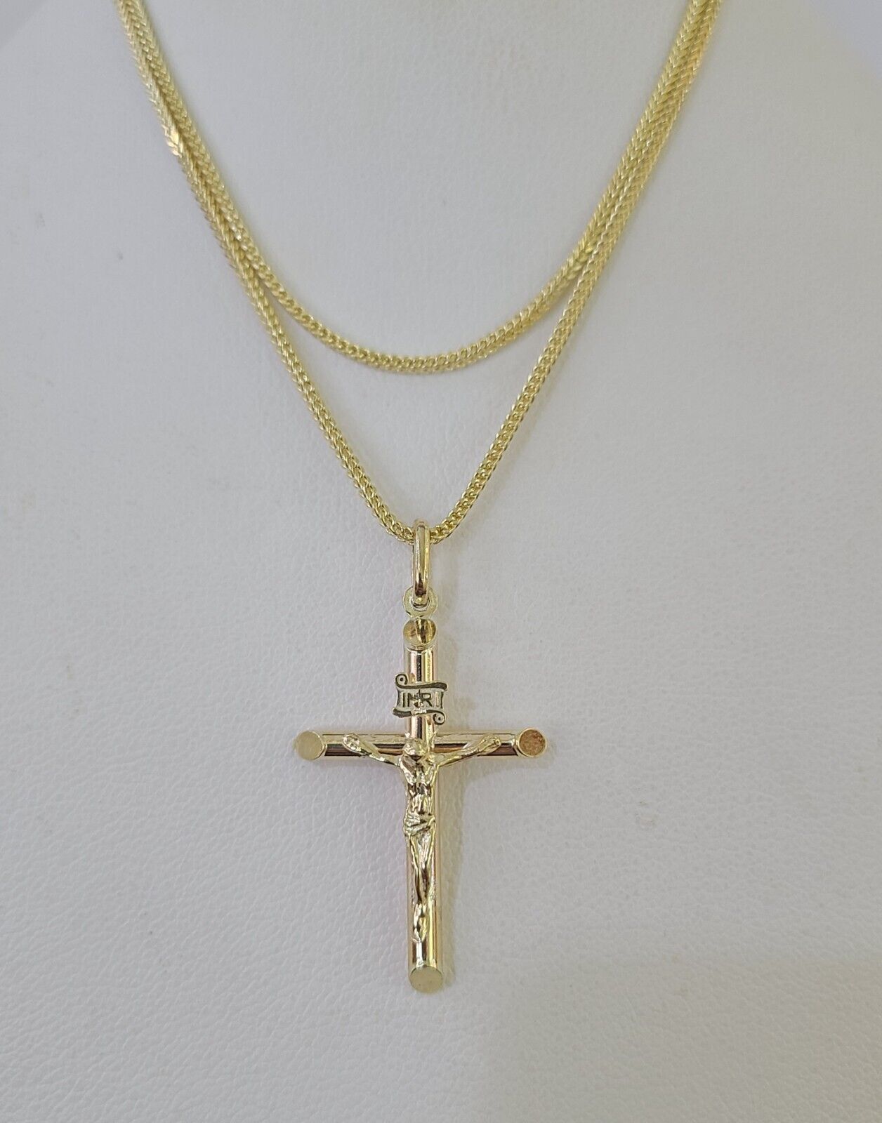 10K Gold Franco Chain INRI Cross Charm SET Length 16 - 20 inches 1mm Ladies Women - GoldenlinQ
