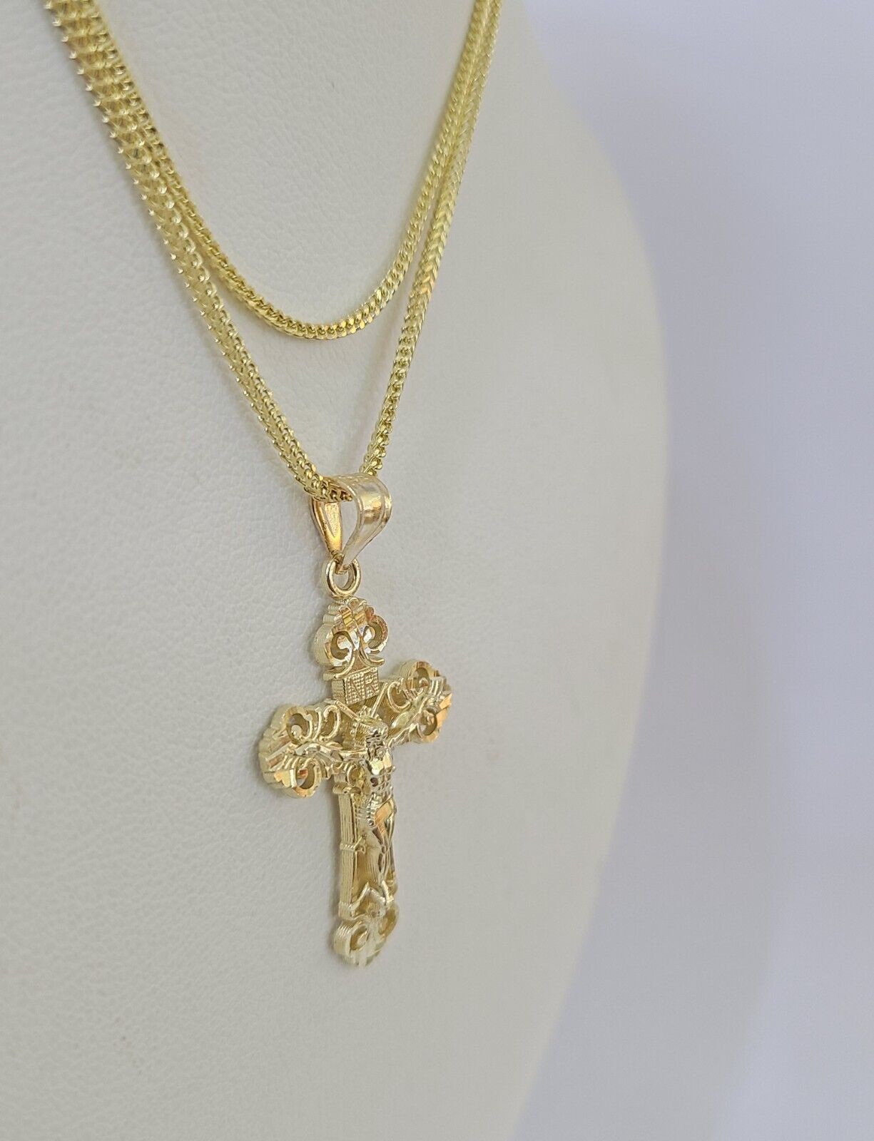 10K Gold Franco Chain INRI Cross Charm SET Length 16 - 20 inches 1mm Ladies Women - GoldenlinQ