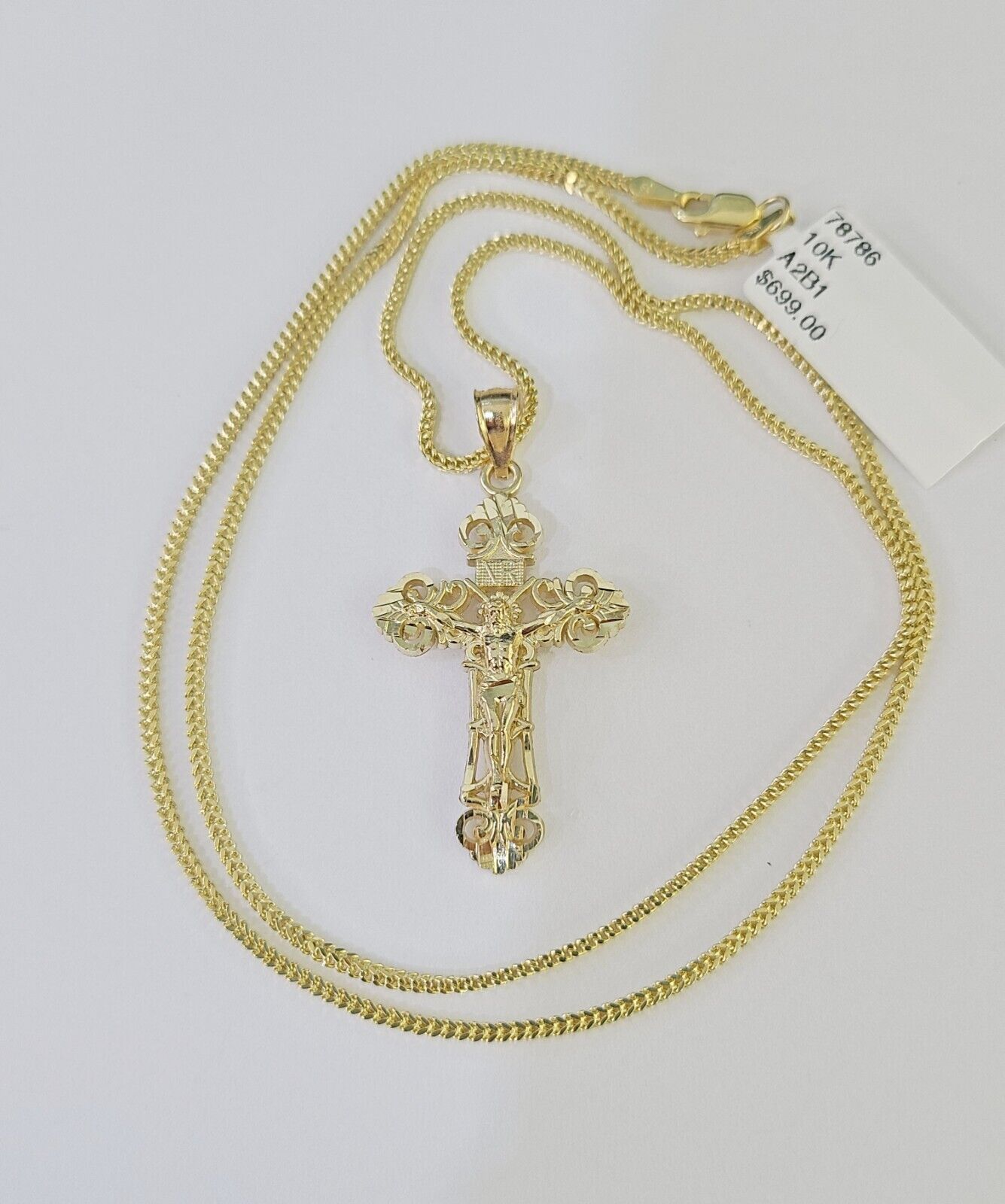10K Gold Franco Chain INRI Cross Charm SET Length 16 - 20 inches 1mm Ladies Women - GoldenlinQ